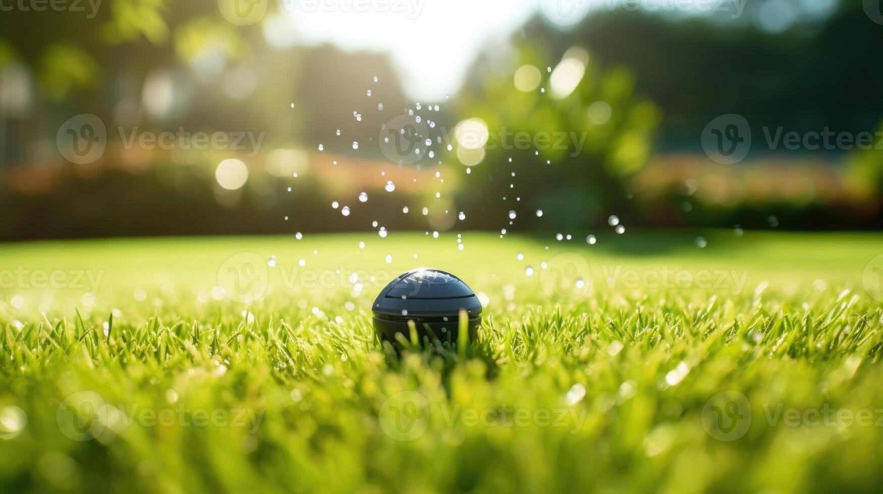 Closeup of a smart water sprinkler system, with a voiceactivated control panel, set on a lawn. photo