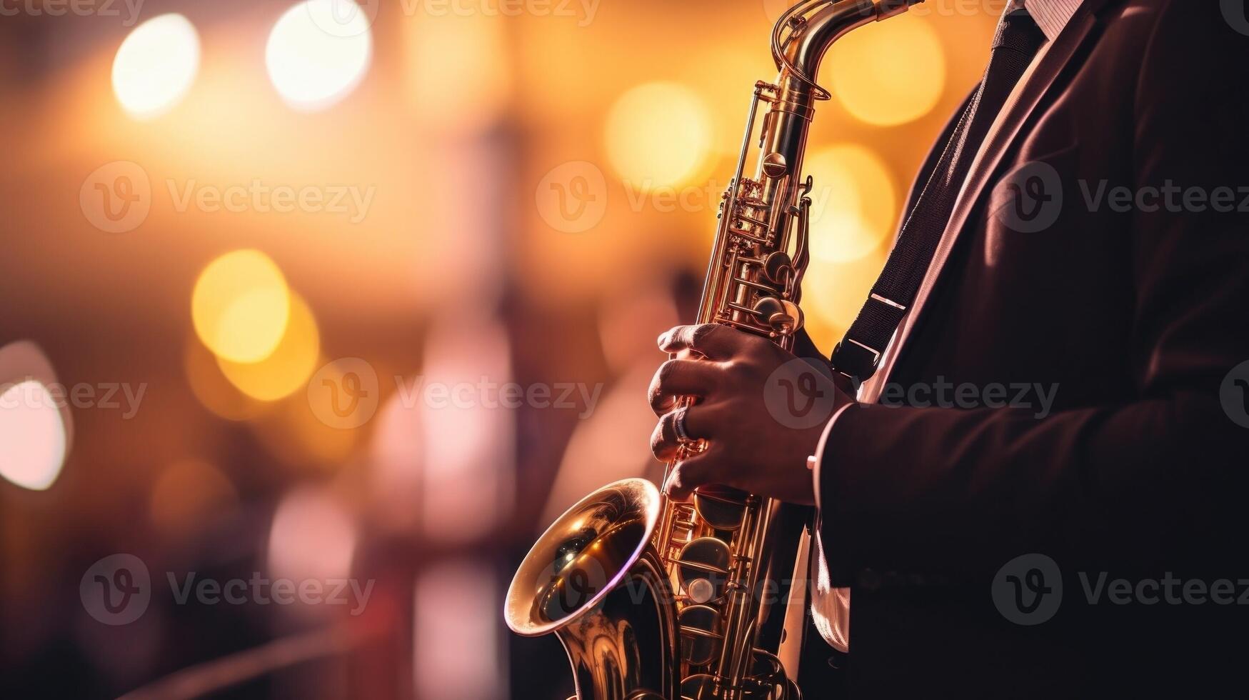 Closeup of a pair of hands playing a saxophone at a jazz music concert. photo