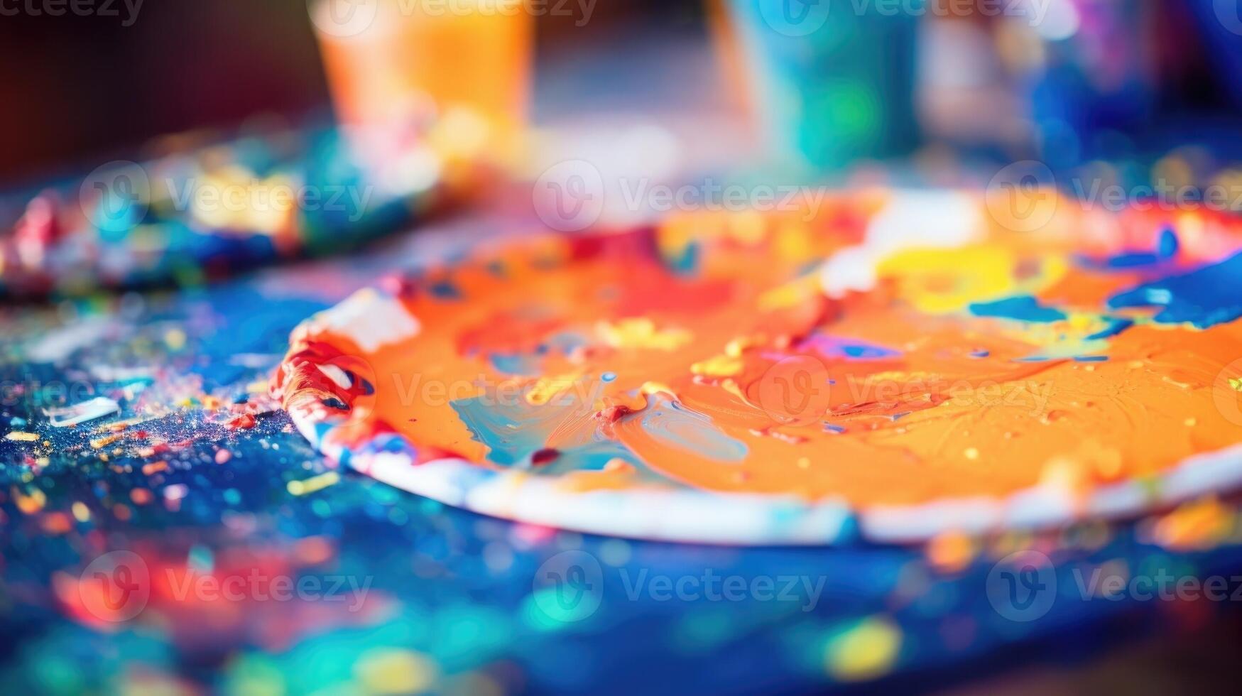 Closeup of a paintsplattered palette, showcasing a variety of vibrant colors being used in the creation of a live mural painting. photo