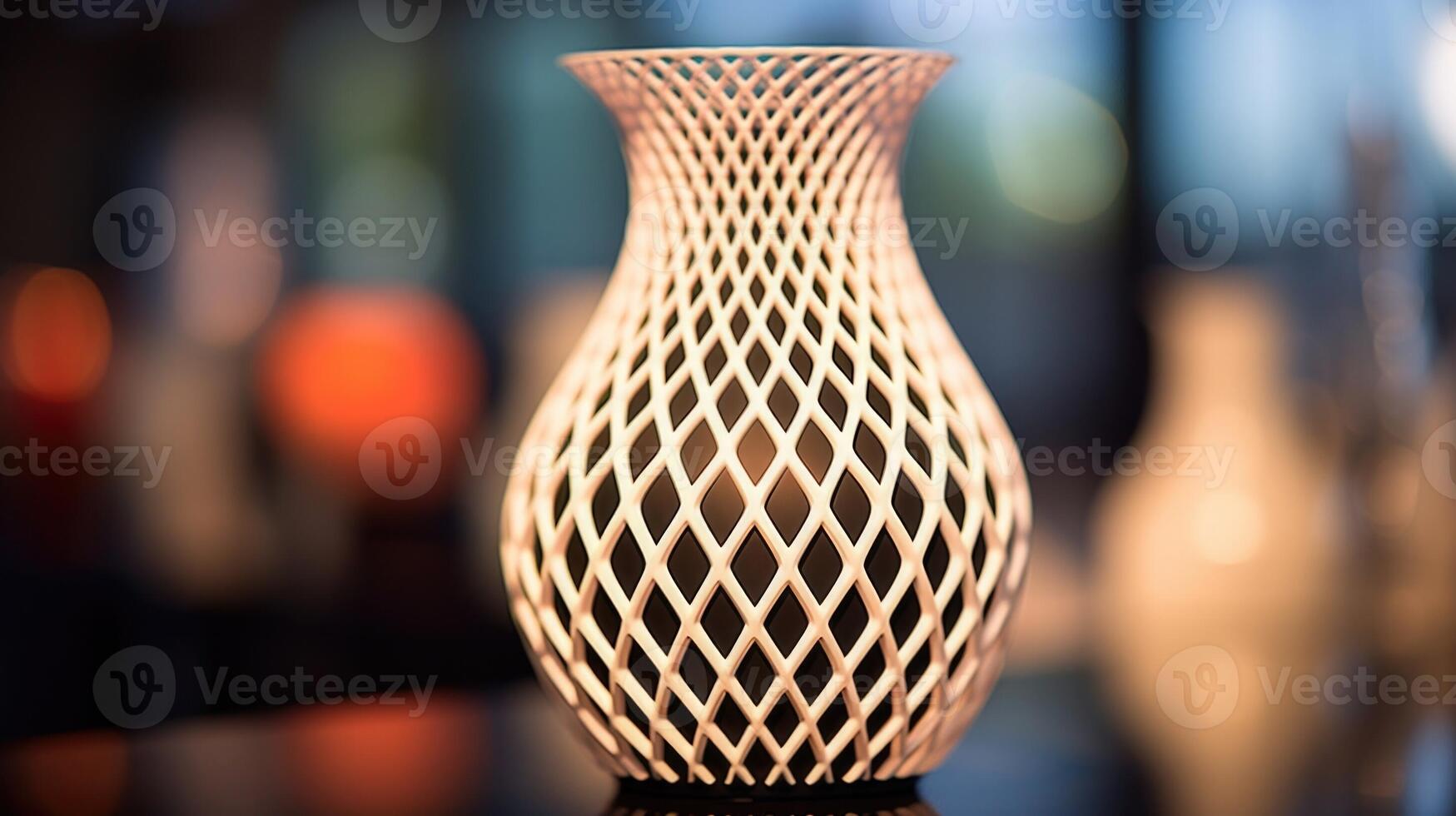 Closeup of a small 3D printed vase, with intricate geometric patterns on its surface. photo
