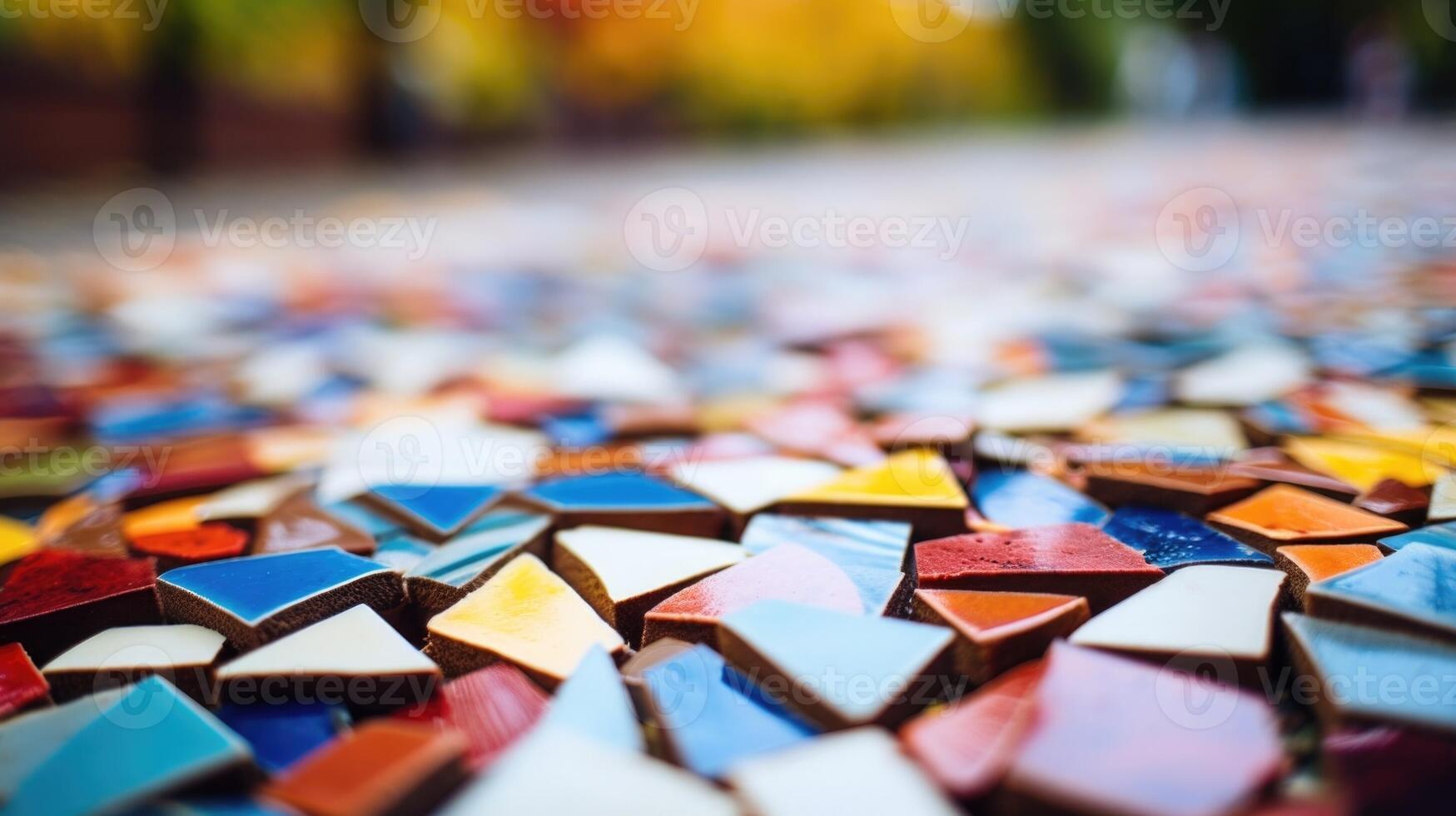Closeup of vibrant tiles being arranged for a mosaic installation in a public park. photo