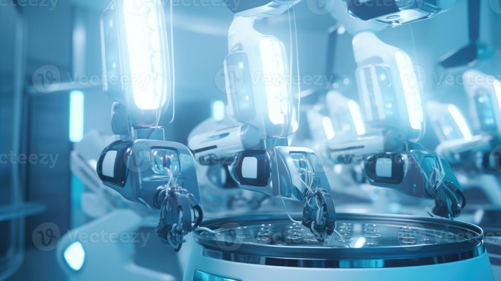 Detailed view of a stateoftheart surgical robot, with multiple arms and cameras attached, preparing to assist in a procedure. photo