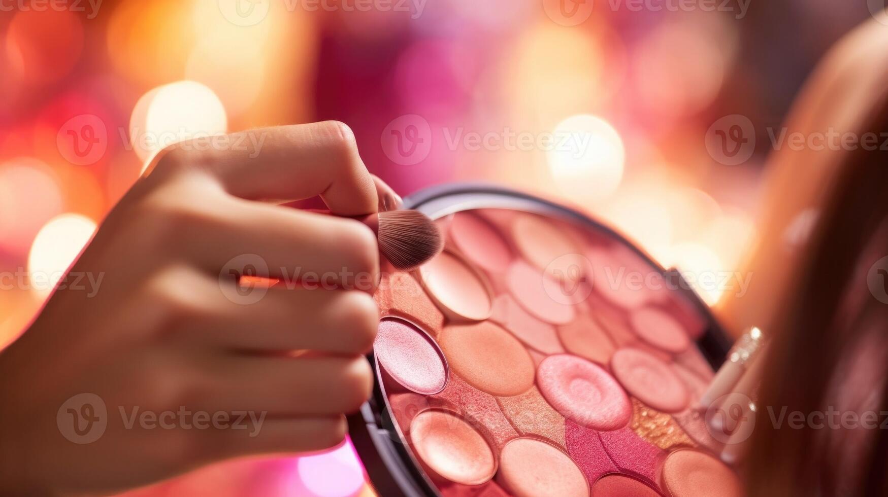 Closeup of a virtual cheek palette with blush, bronzer, and highlighter being applied to a virtual face. photo