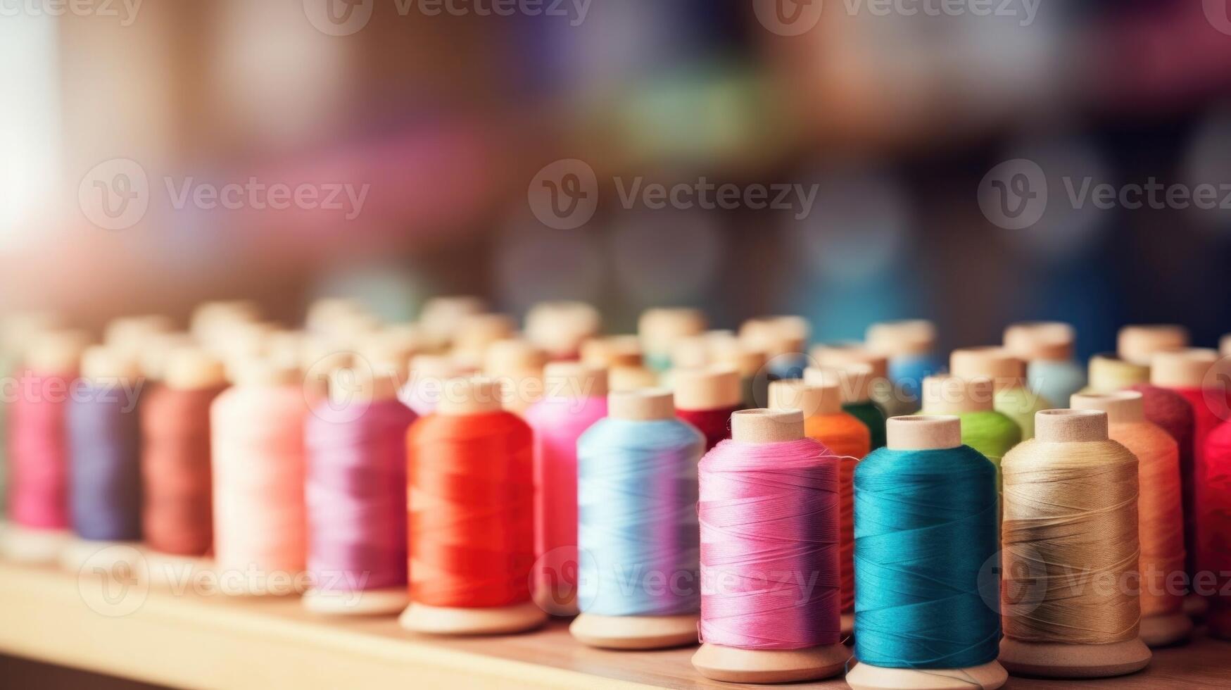 Closeup of a bundle of different colored thread spools arranged in a row. photo