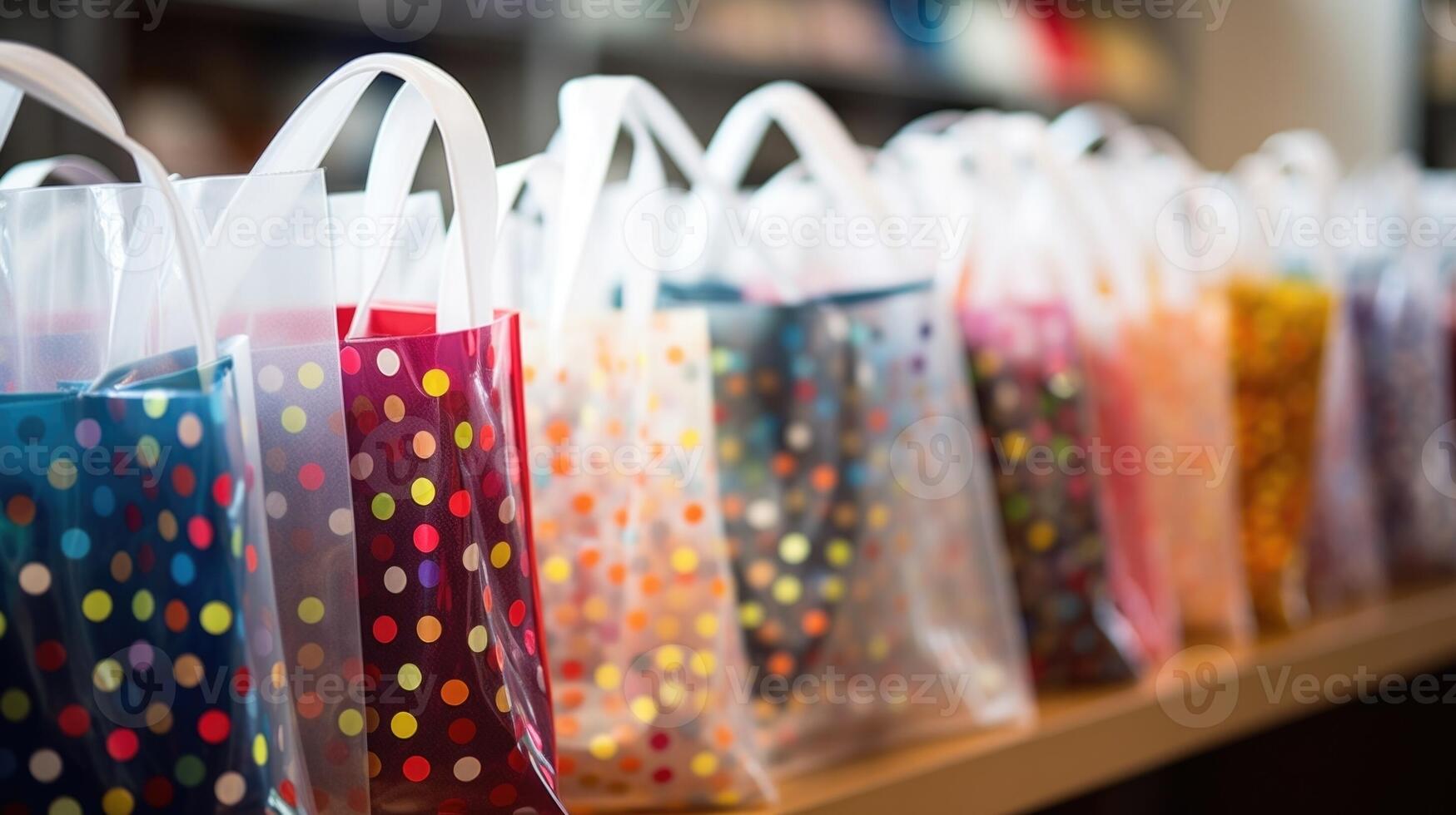Closeup of a pile of reusable shopping bags, each one featuring a unique pattern or design. photo