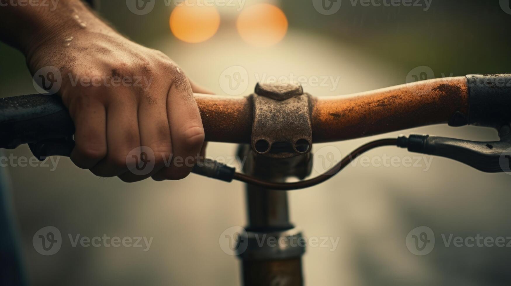 Detailed shot of a cyclists hand gripping the handlebars of a worn and weathered bike. photo