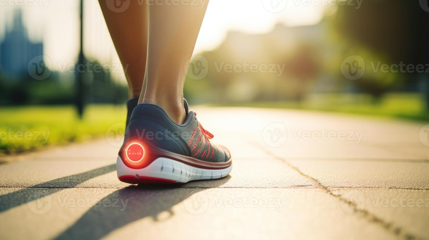 Closeup of a patients foot, with a fitness tracker attached to their shoe to track steps and mileage. photo