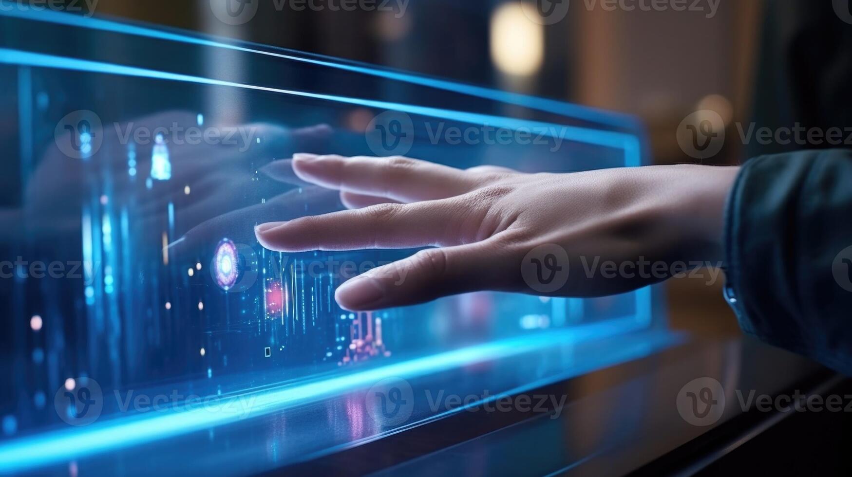 Closeup of a hand reaching towards a smart mirror to adjust the brightness and color of the lighting. photo
