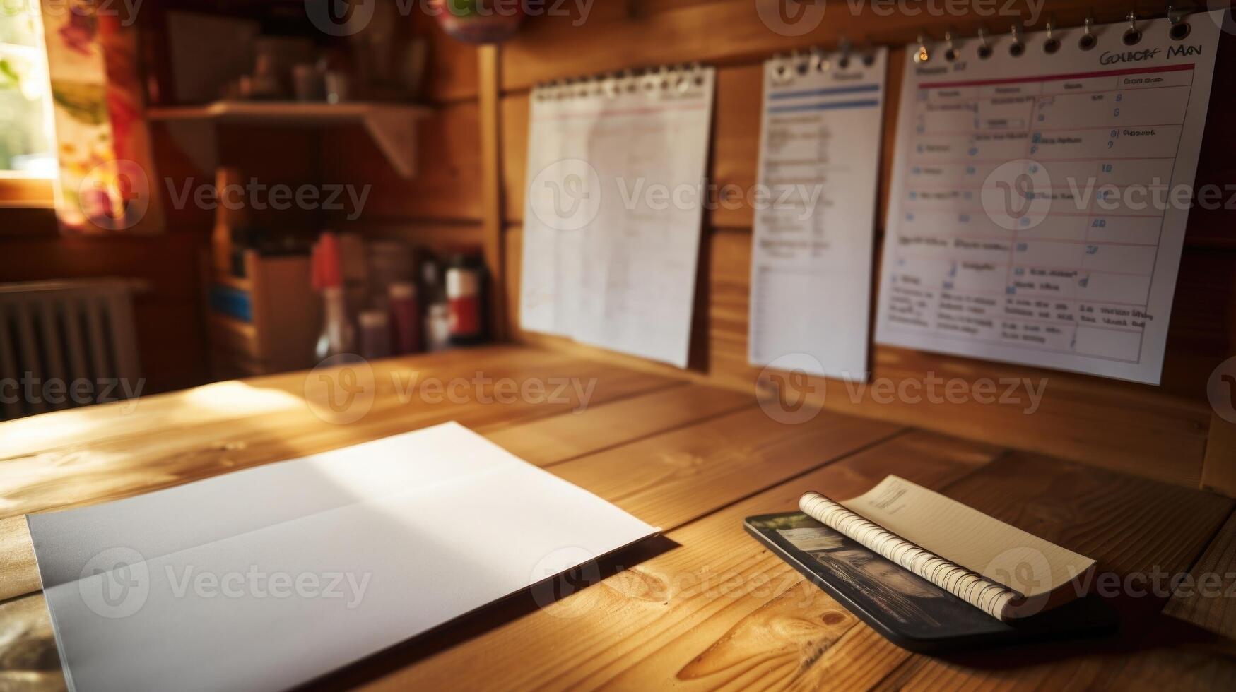 Closeup of a calendar and todo list hanging on a bulletin board against a woodpaneled wall in a tiny house workspace. photo
