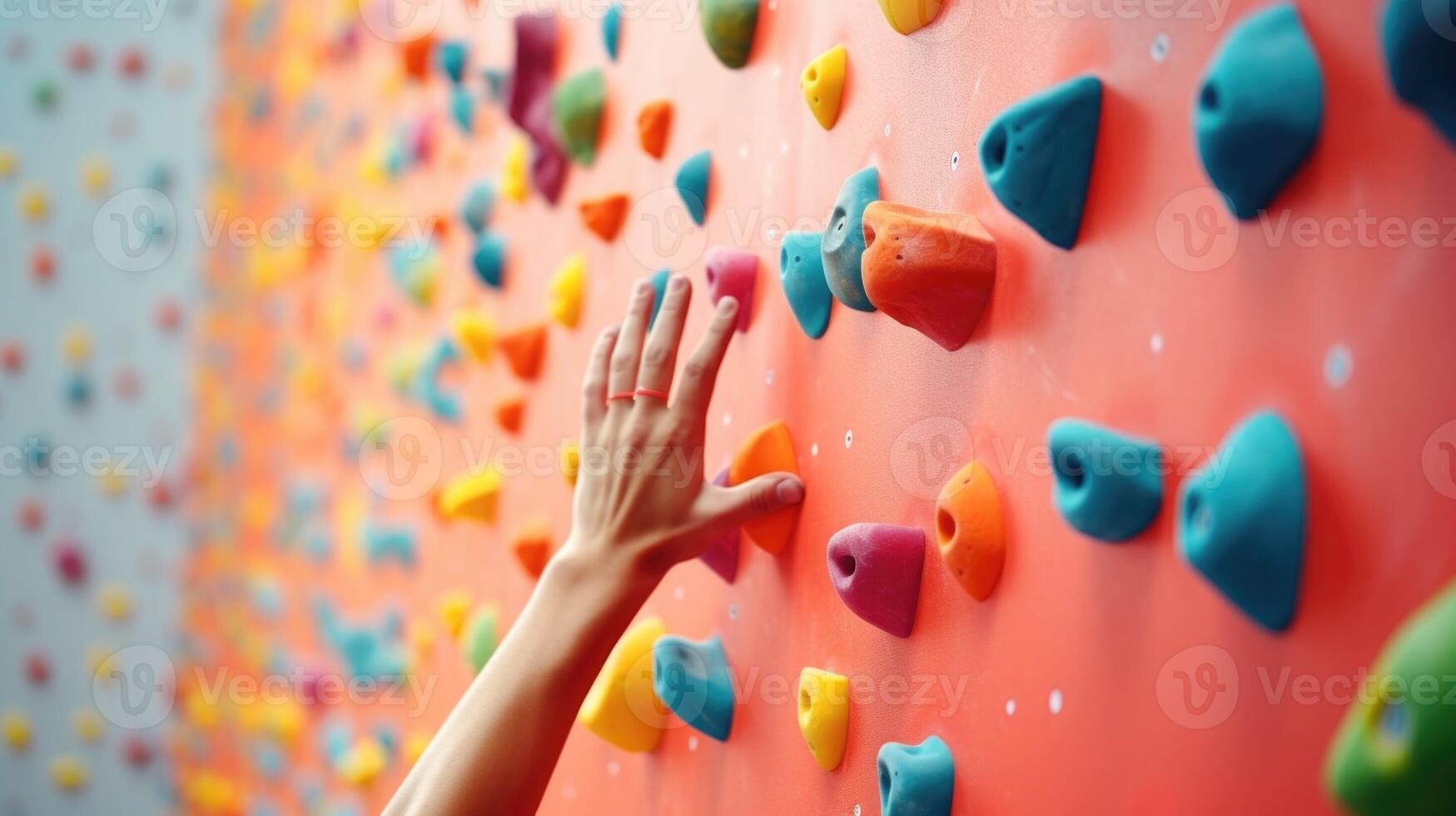 Closeup of a colorful climbing wall, with various hand and foot holds. photo
