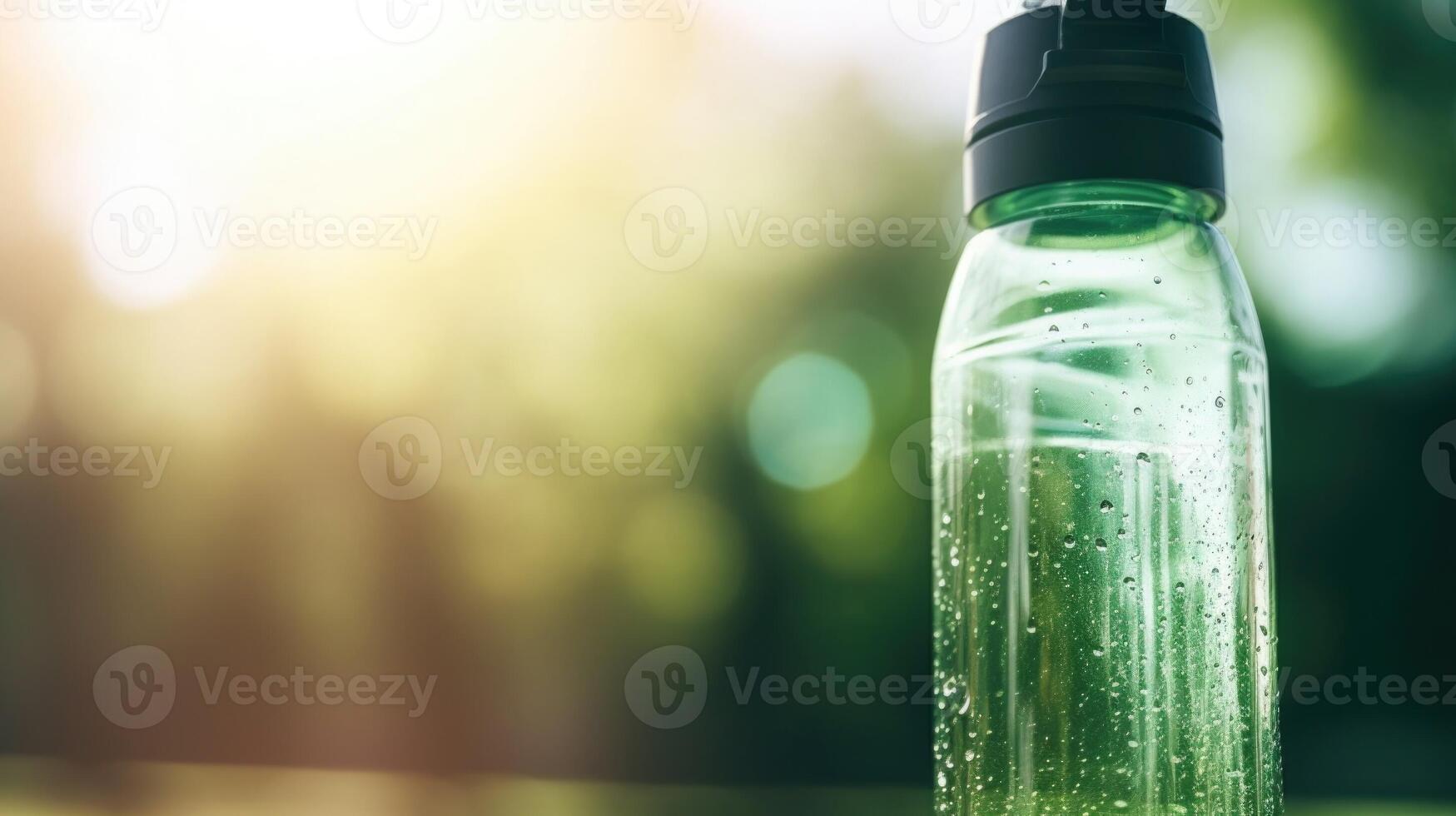 Closeup of a sweating water bottle after an intense workout, signifying dedication to staying hydrated. photo
