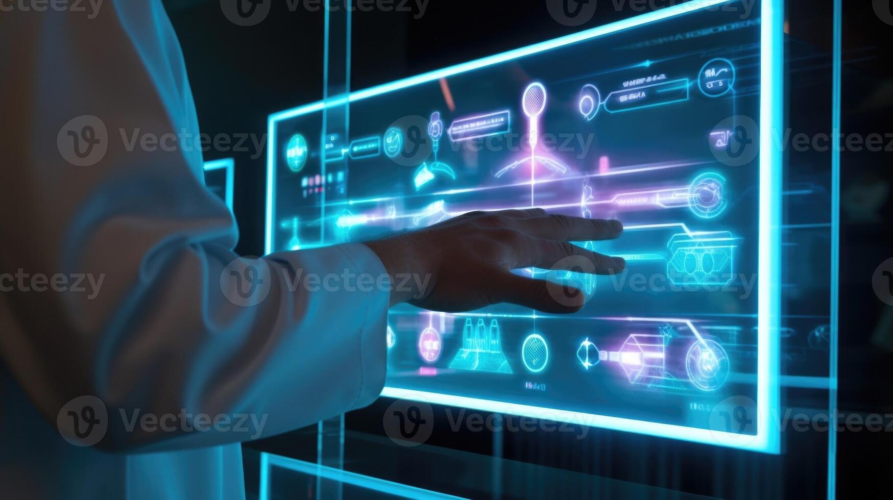 Up close shot of a doctors fingers selecting options on a 3D holographic display. photo