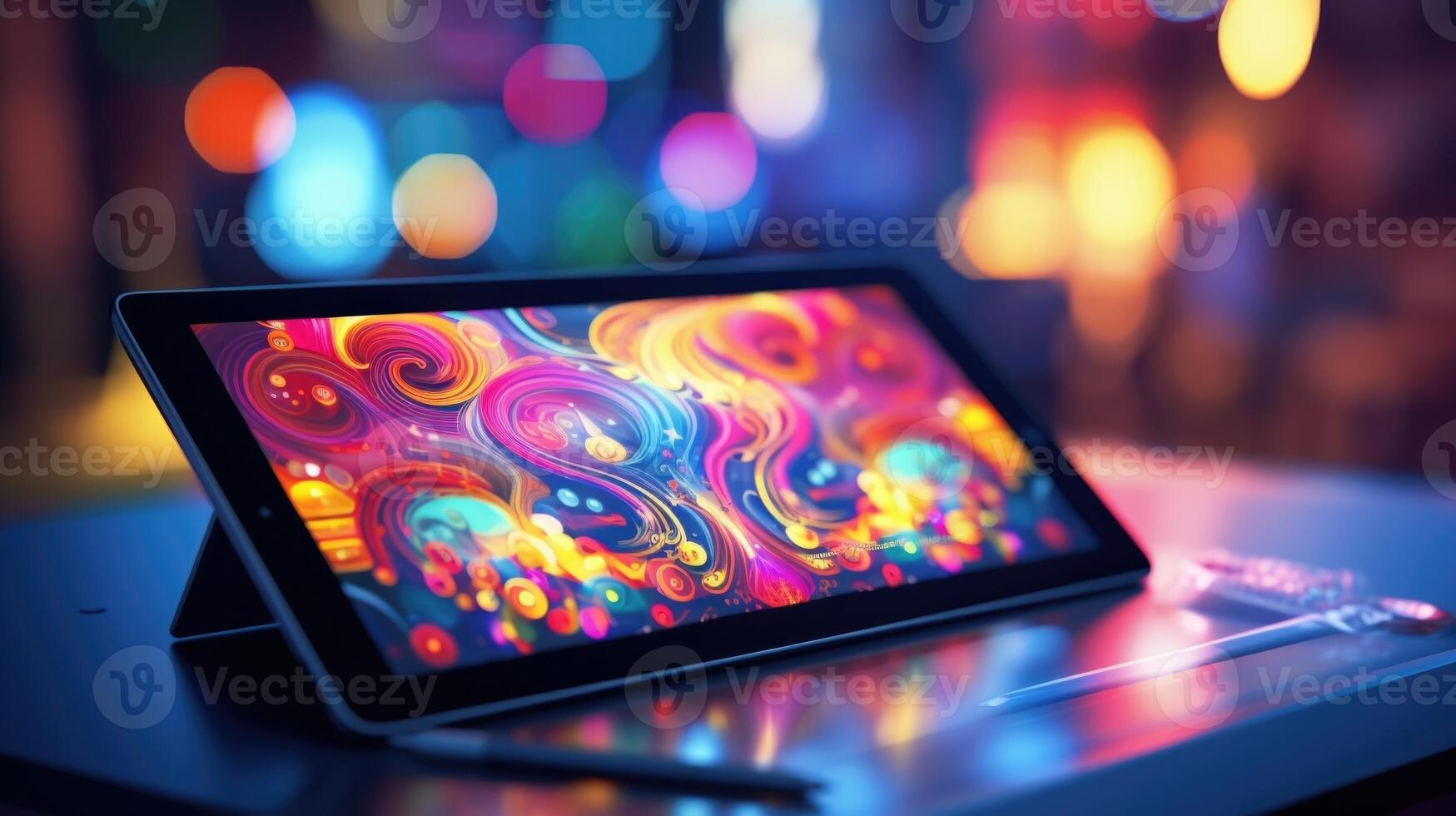 Closeup of a digital drawing tablet with vibrant colors and intricate lines. photo
