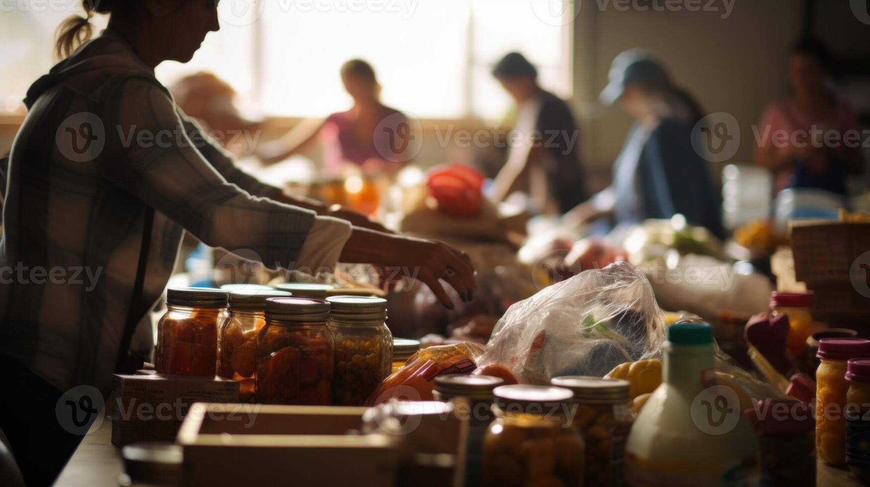 Closeup of a group of hands sorting and organizing donated items at a food bank. photo
