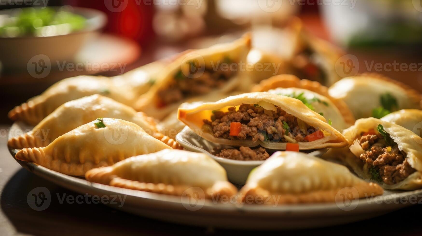 Closeup of a platter of bitesized empanadas, filled with a flavorful mix of meat and vegetables. photo