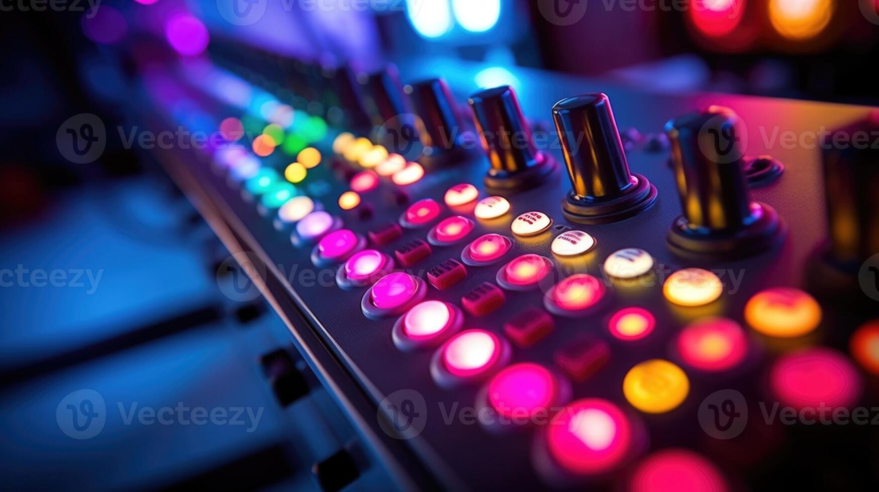 Closeup of colorful LED lights on the console, indicating the controllers connection. photo