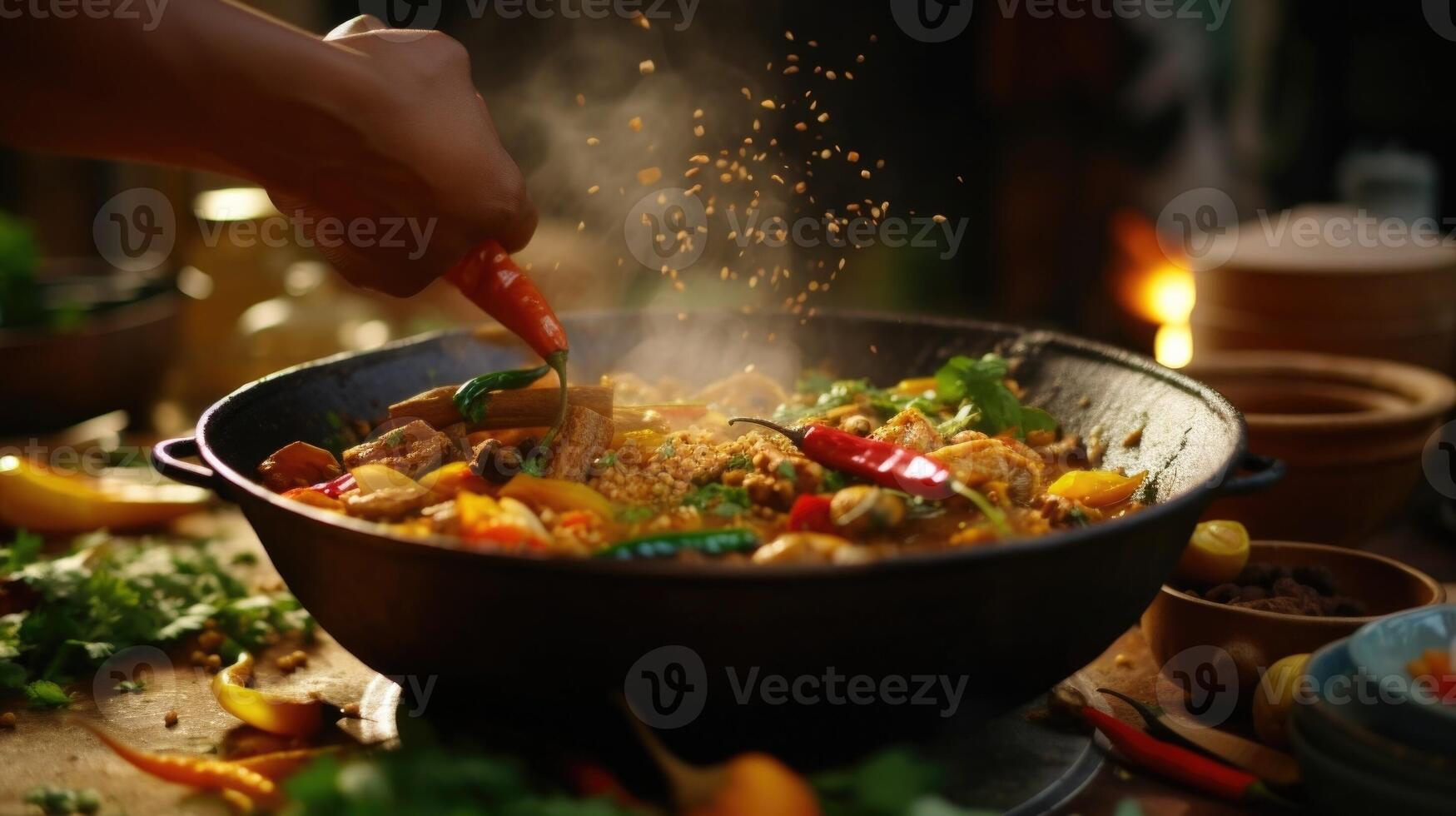 Closeup of a traditional dish being prepared in a virtual cooking workshop as part of the cultural exchange program. photo