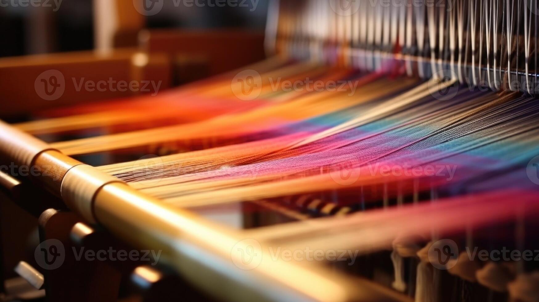 Closeup of a traditional loom in action, creating a vibrant and detailed handwoven textile. photo