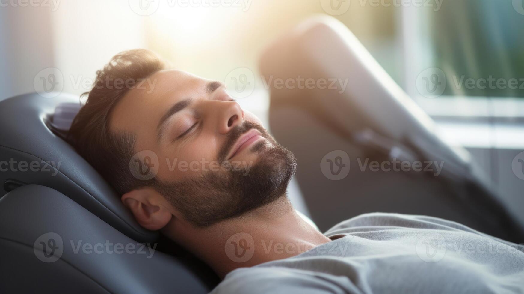 Detailed image of a patient reclined in a dental chair, wearing an AR headset to guide them through relaxation techniques during a procedure. photo
