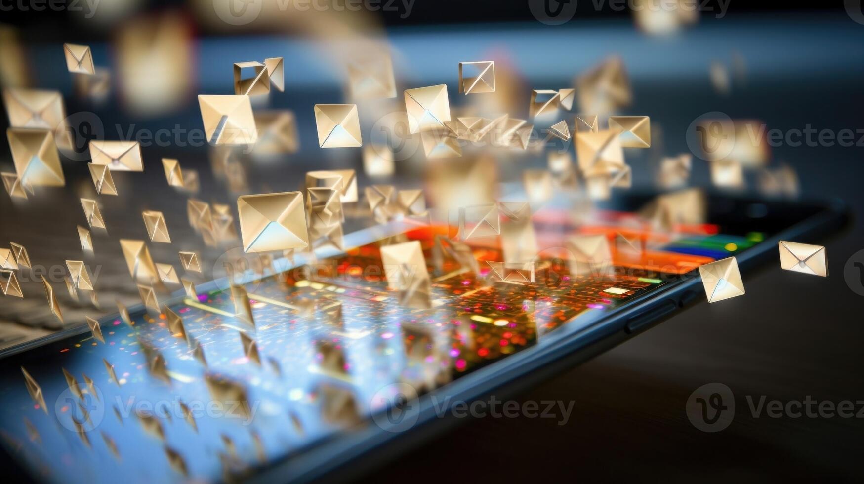 Macro image of a smartphone displaying work emails and text messages from family members, highlighting the constant stream of responsibilities. photo