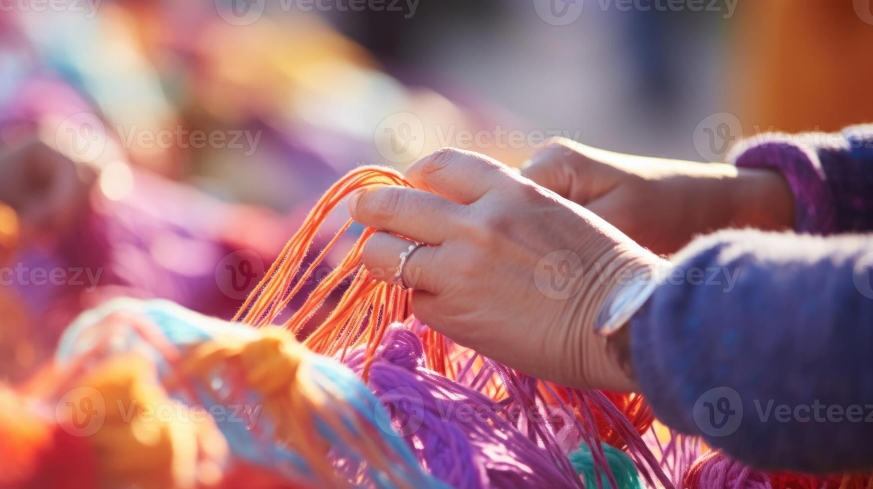 Closeup of a pair of hands skillfully weaving yarn onto a large outdoor installation, a collaborative community project. photo