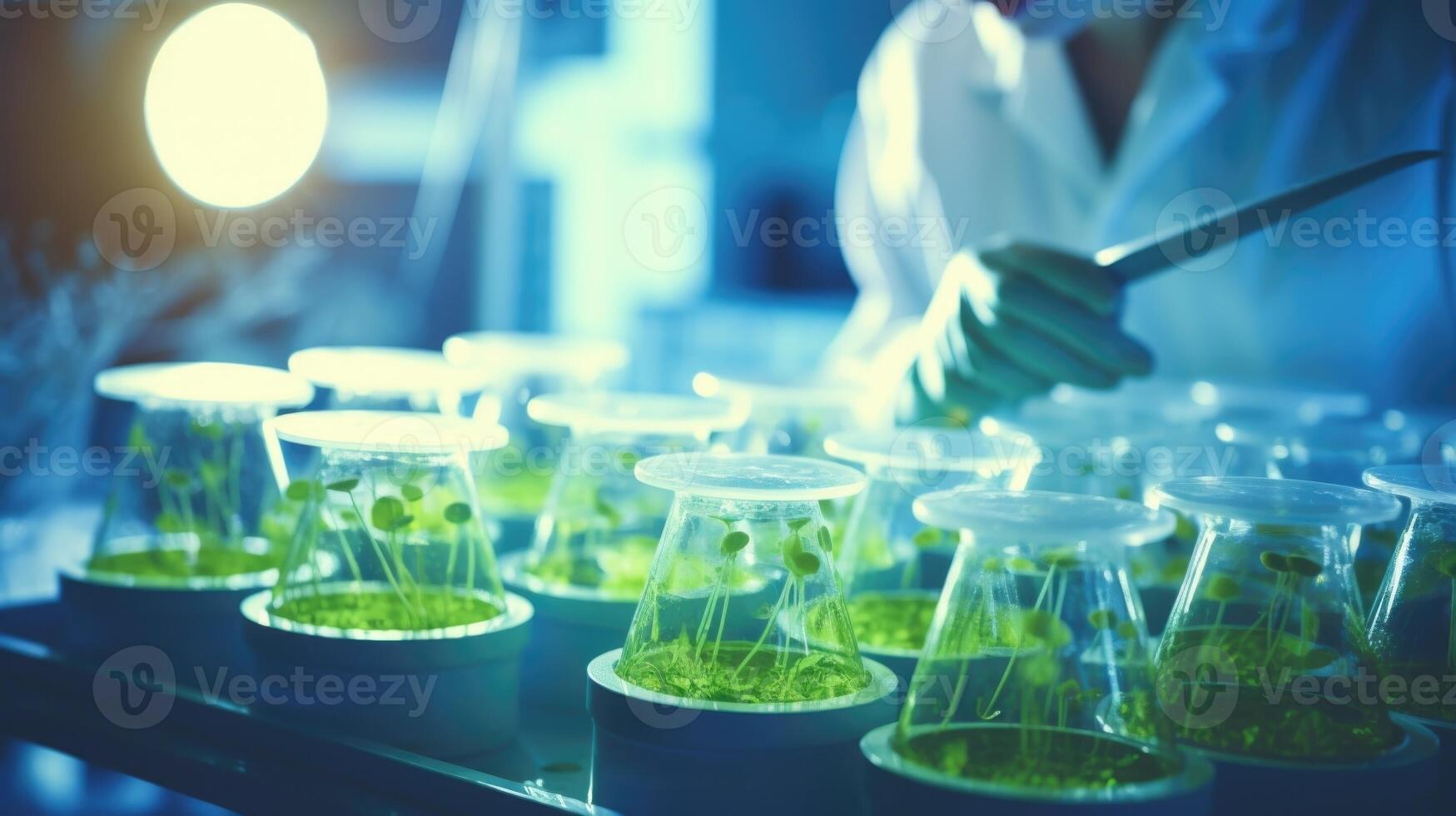 Detailed image of a lab technician using genetic modification techniques on plant cells. photo