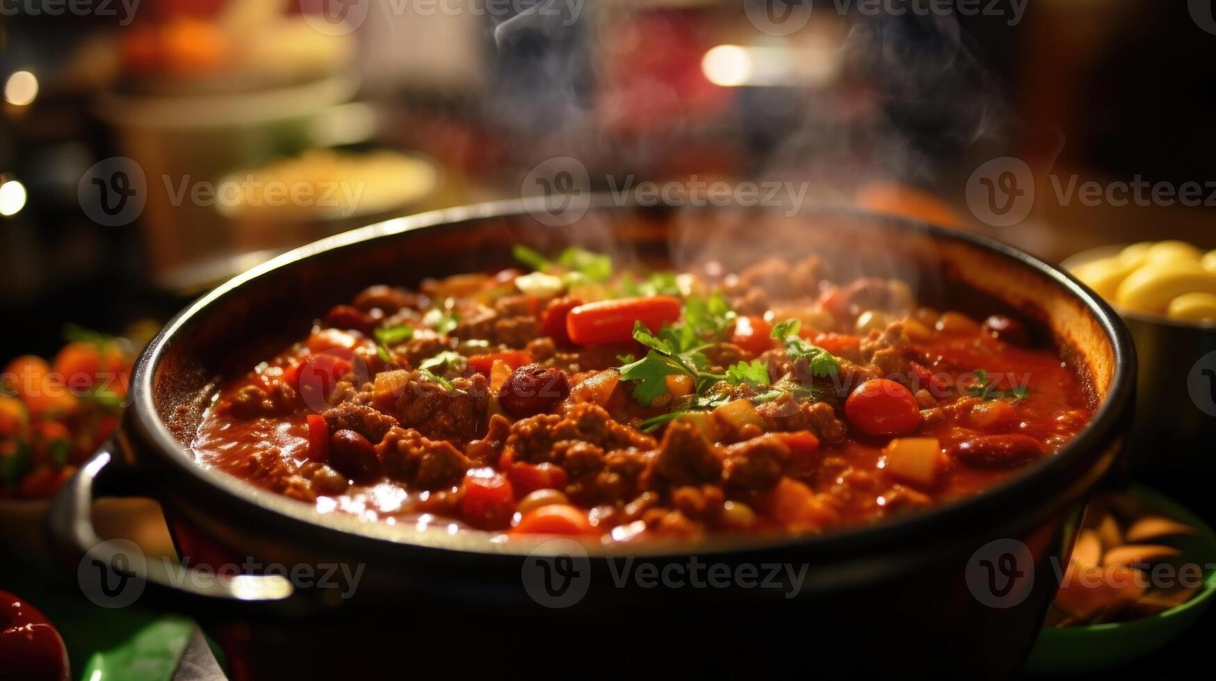 Closeup of a bubbling pot of y chili, filled with beans, tomatoes, and ground beef. photo