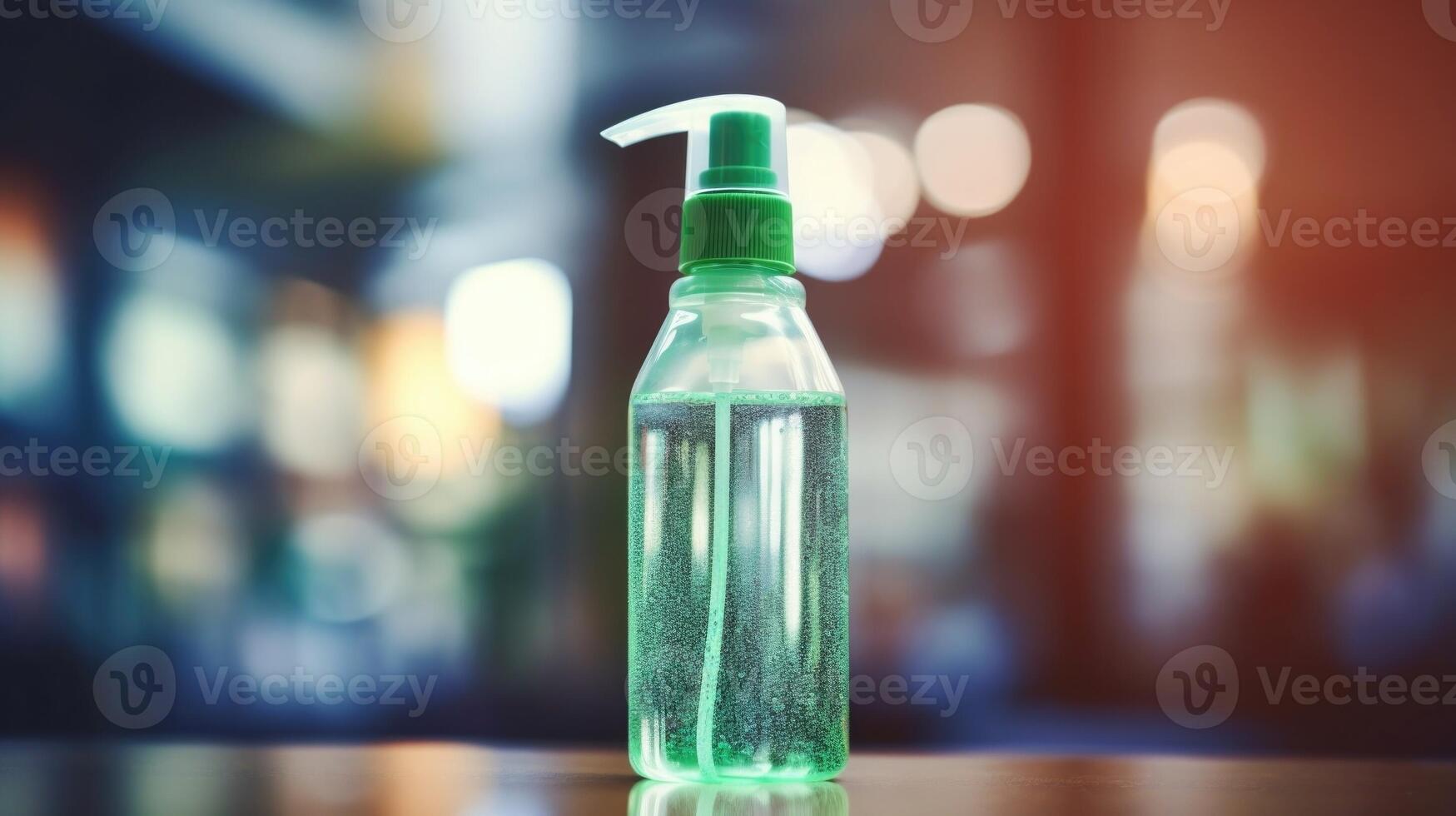 Closeup of a bottle of hand sanitizer with keep your hands clean label. photo
