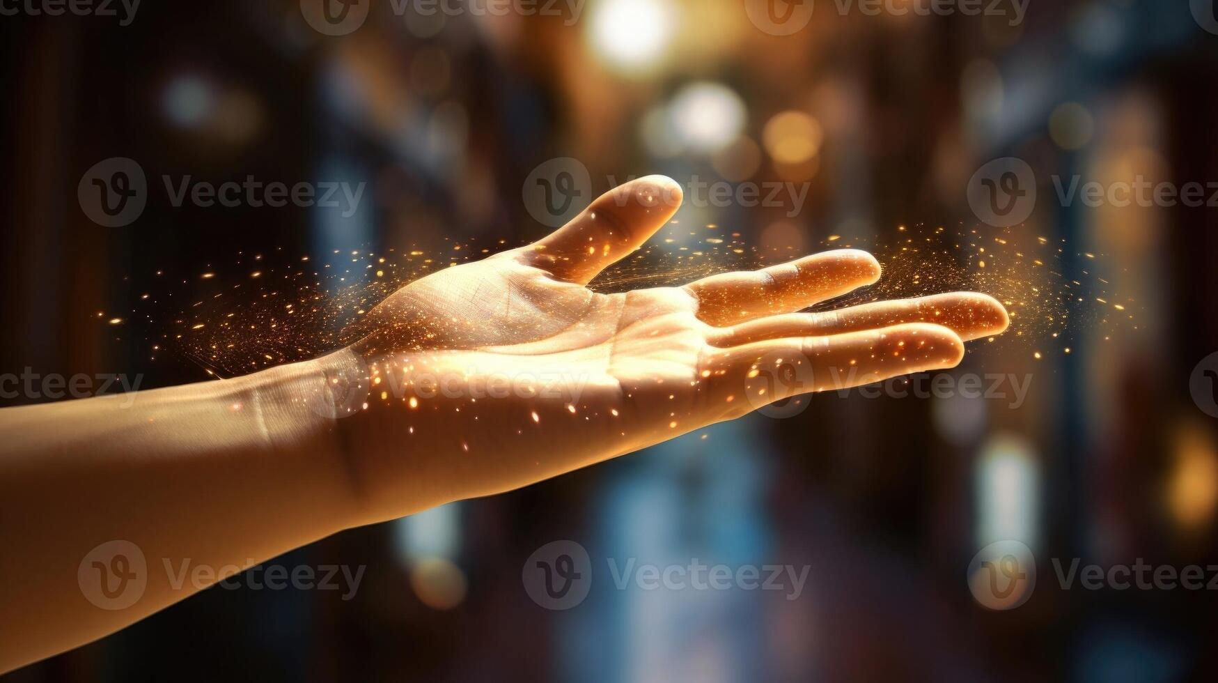 Closeup of a hand reaching out to touch a virtual object, with the sensation of actually feeling it in the virtual world. photo