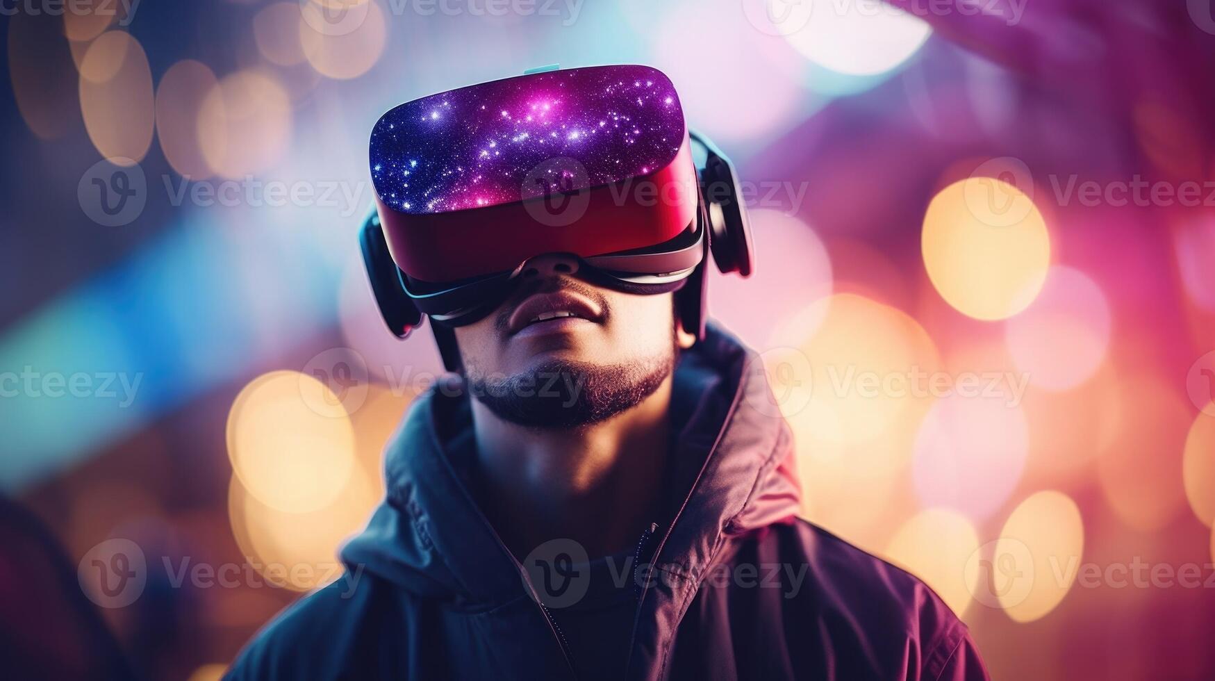 Closeup of a VR headset sped onto someones face, completely immersed in a threedimensional landscape. photo