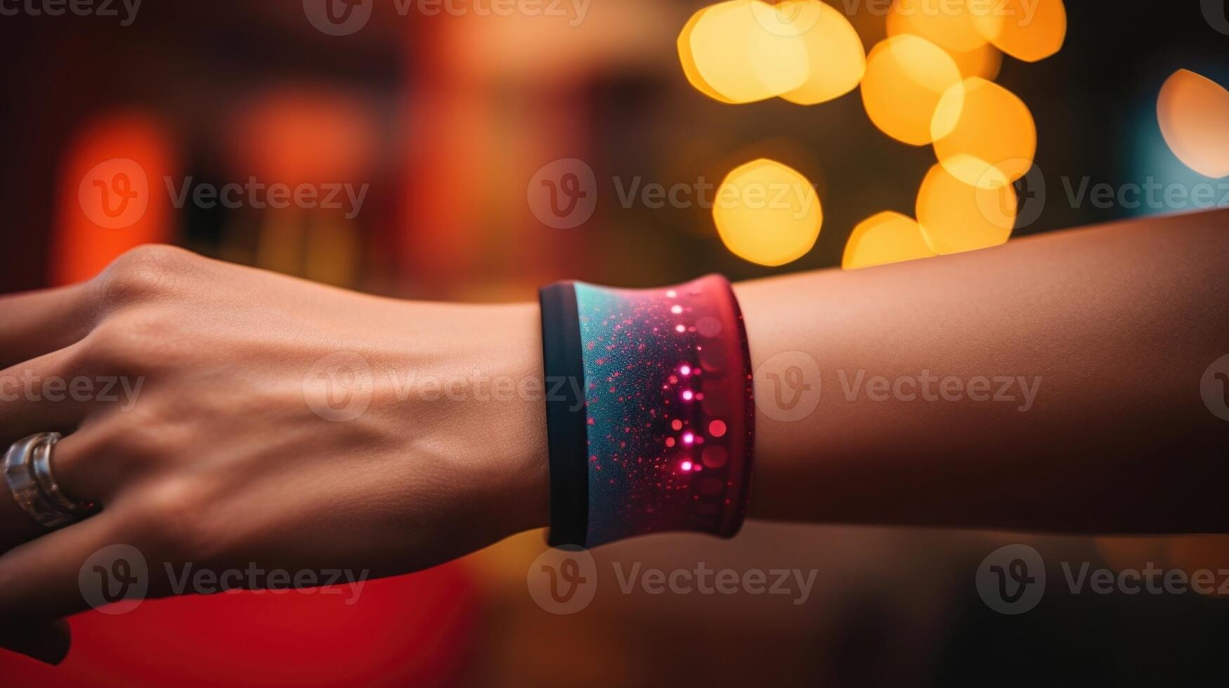 Closeup of a sweatband on a patients wrist, holding a small fitness tracker in place. photo