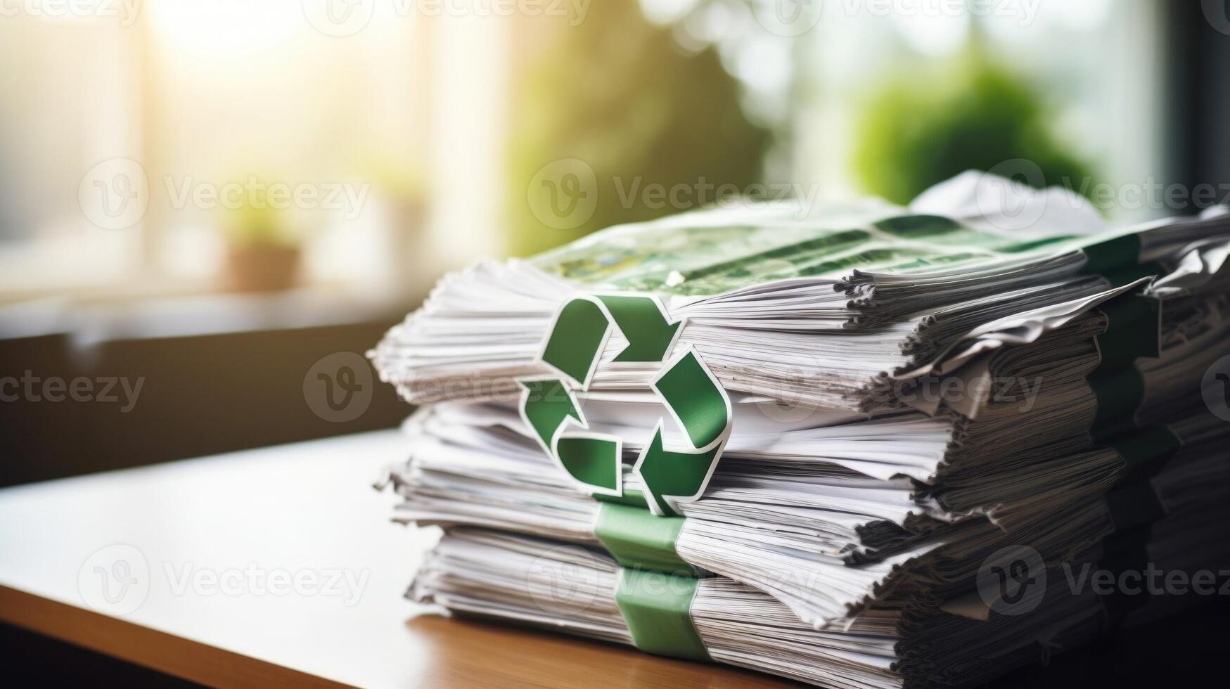 Closeup of a stack of paper with the recycling symbol, promoting the importance of paper recycling. photo