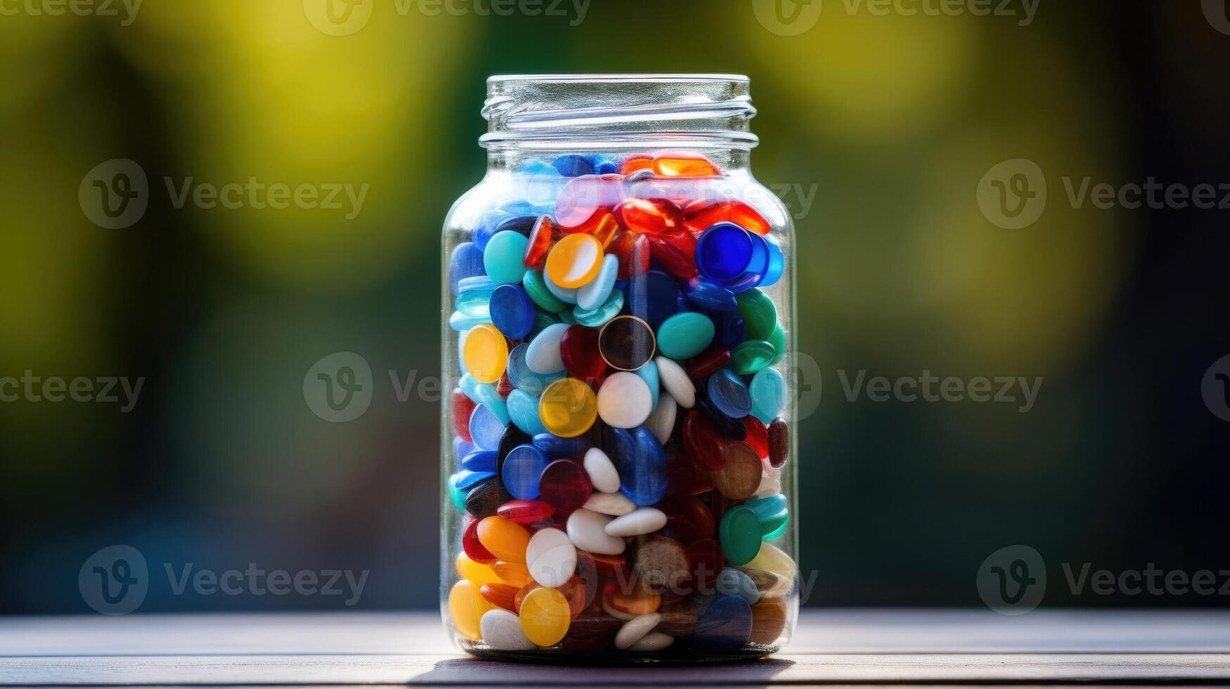 Closeup of a glass jar filled with colorful plastic bottle caps, illustrating just a small fraction of plastic waste. photo