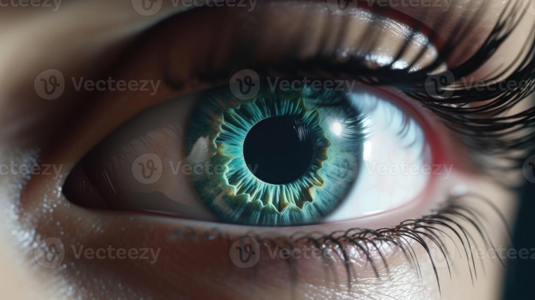 Extreme closeup of a virtual nurse avatars eye displaying compassion and empathy while interacting with a patient. photo