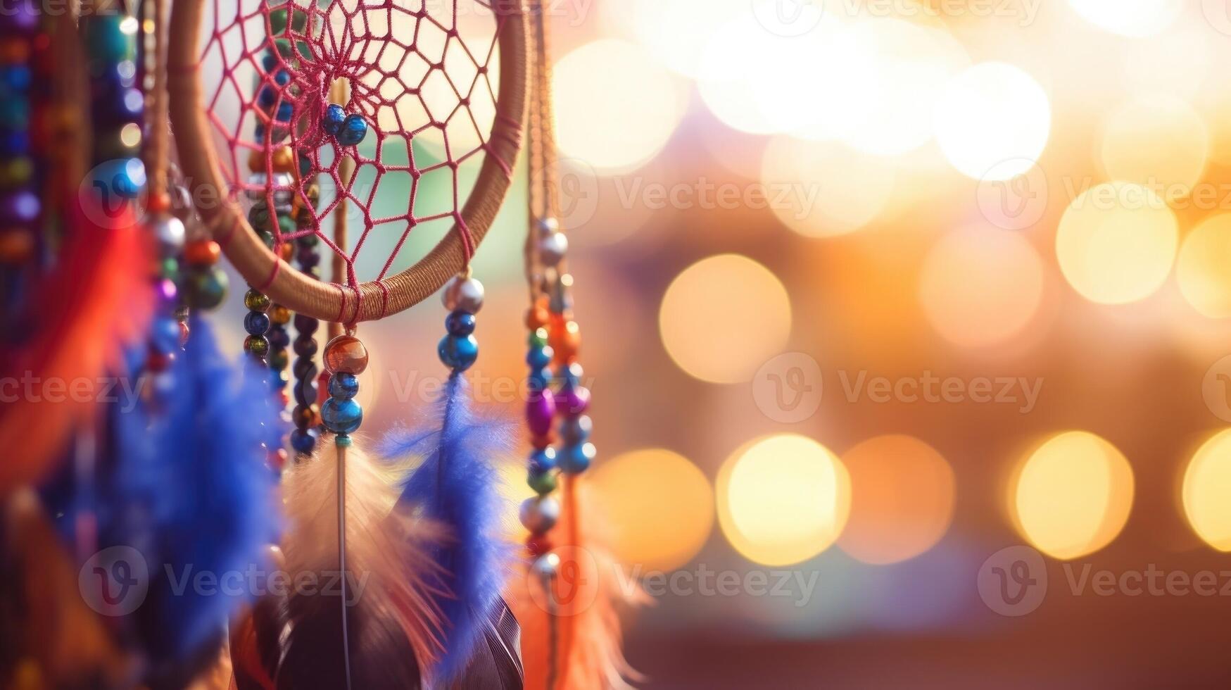 Closeup of a colorful, handcrafted dreamcatcher a modern twist on a traditional trend, embodying the fusion of innovation and personal style. photo