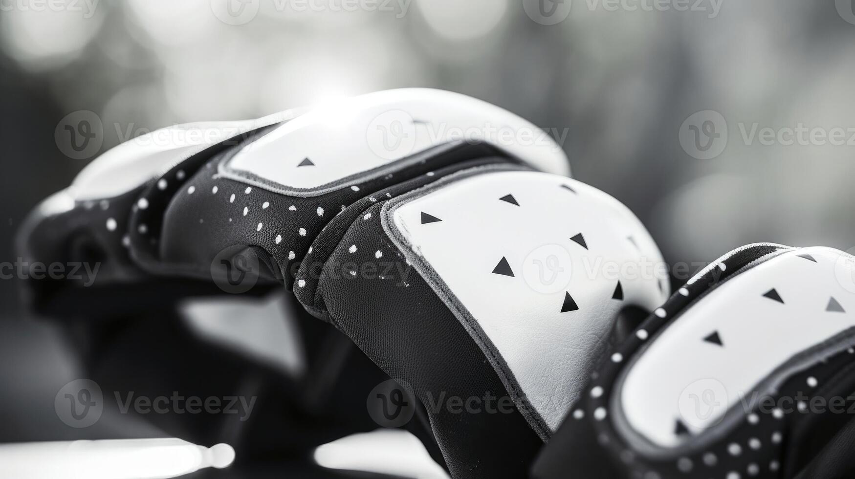 Closeup of a pair of black and white skate gloves with reinforced palms. photo