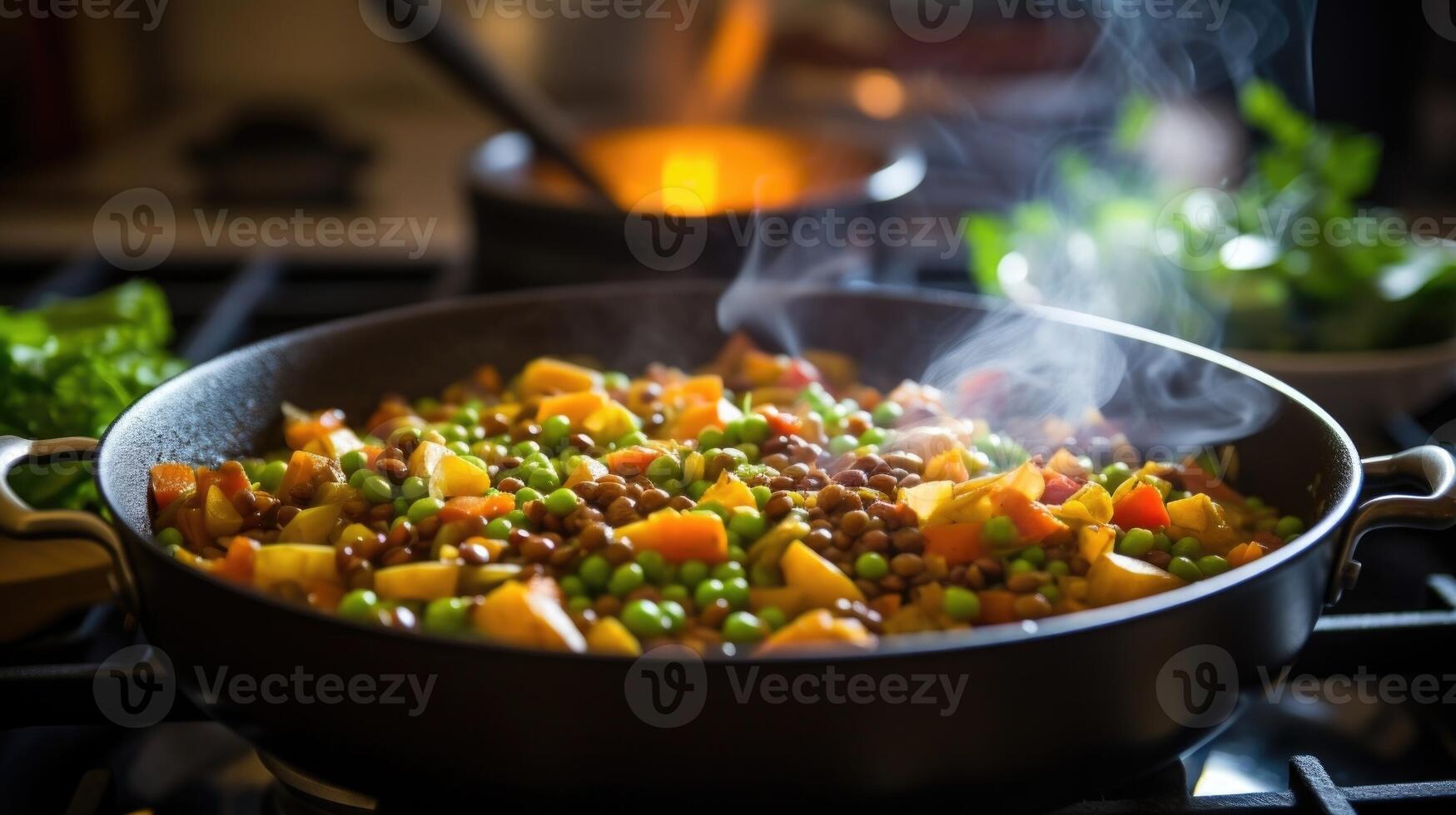 Closeup of a pot of simmering lentils and diced vegetables on a stovetop. photo