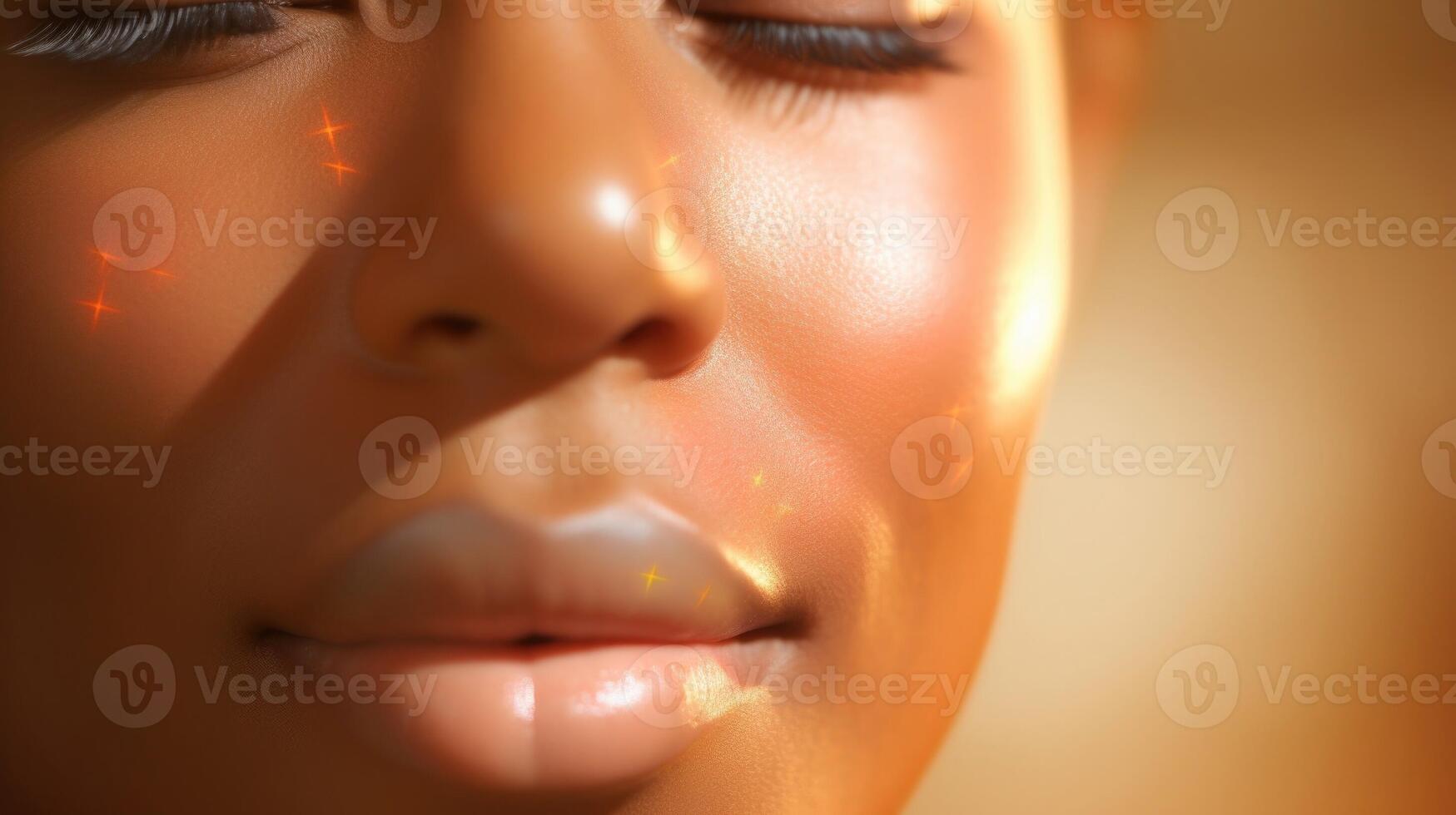 Closeup of a persons cheek with the skin analysis app displaying a visual representation of sun damage and age spots. photo