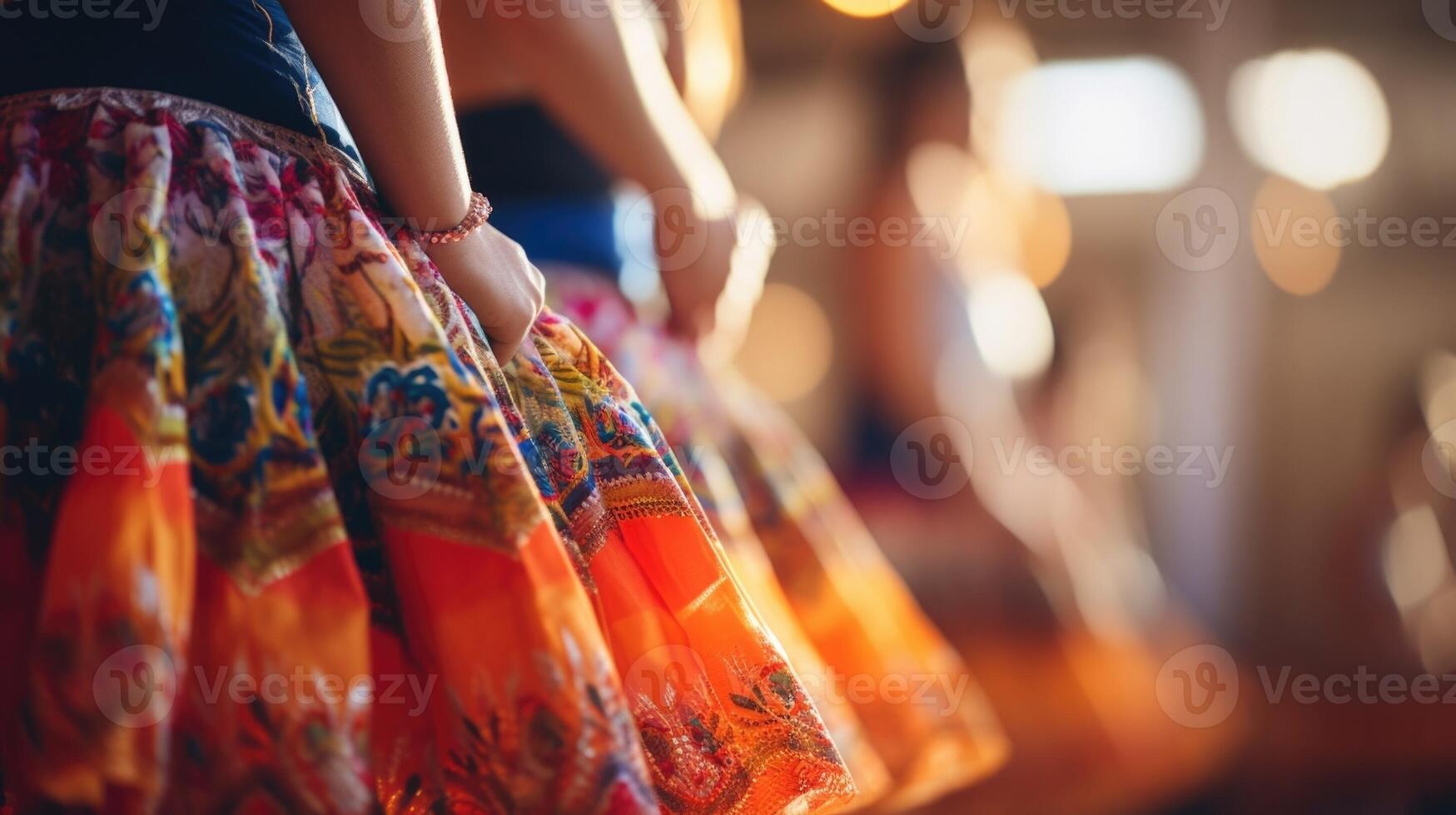 Closeup of intricate patterns on dancers skirts during a cultural dance class photo