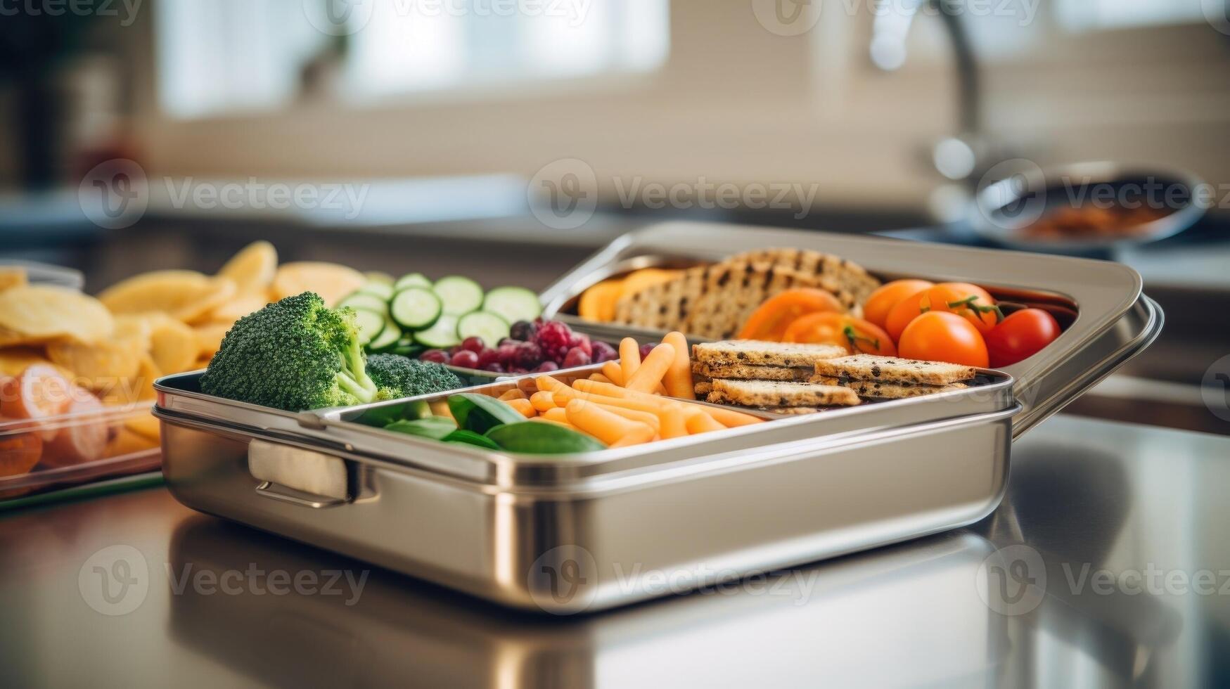 Closeup of a stainless steel lunch box filled with a variety of reusable snack containers for a wastefree lunch. photo