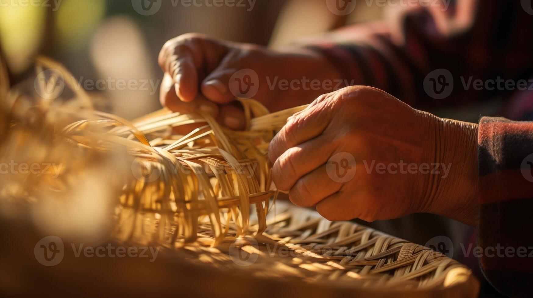 Closeup of a basket weavers hands deftly intertwining thin strips of bamboo into a sy basket. photo