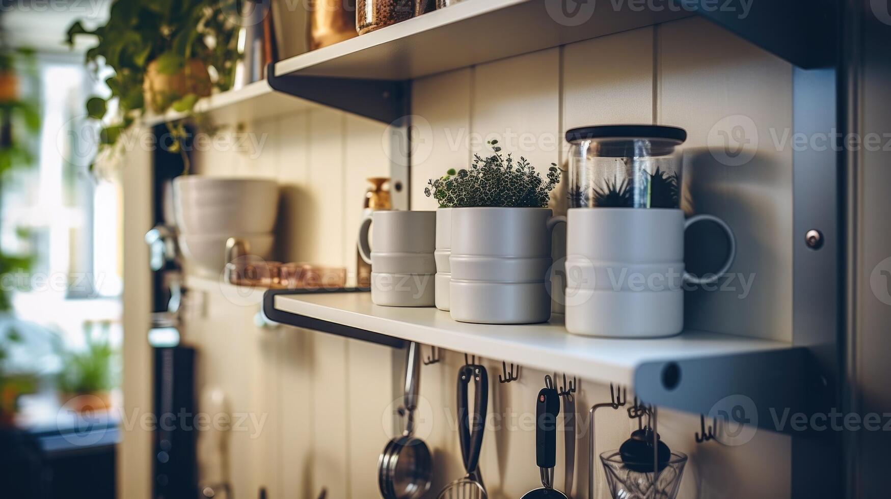 Closeup of a creative storage solution in a tiny home, with hooks and shelves mounted on the wall for organizing. photo