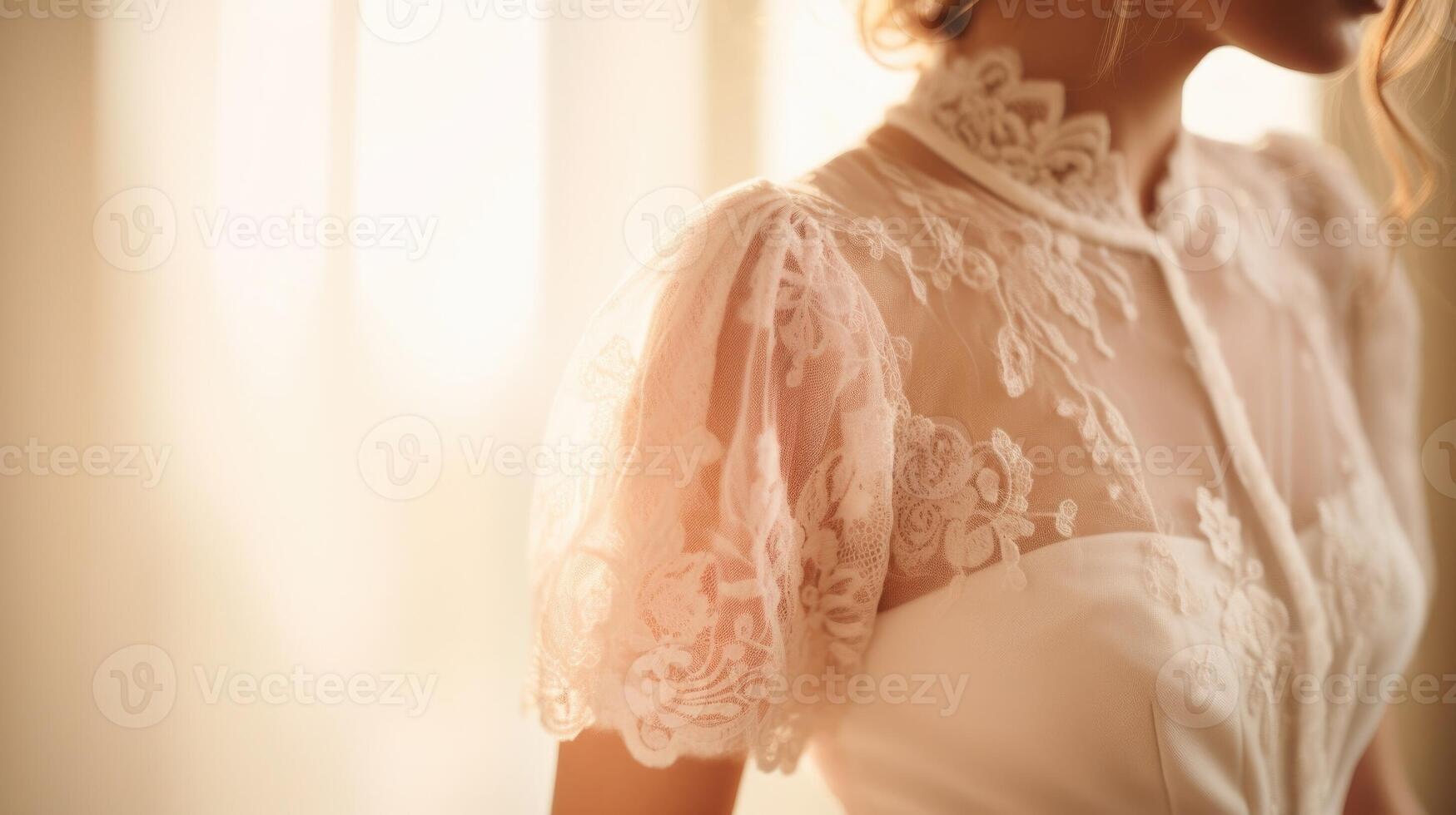 Closeup of delicate lace detailing on the sleeve of a vintage dress. photo