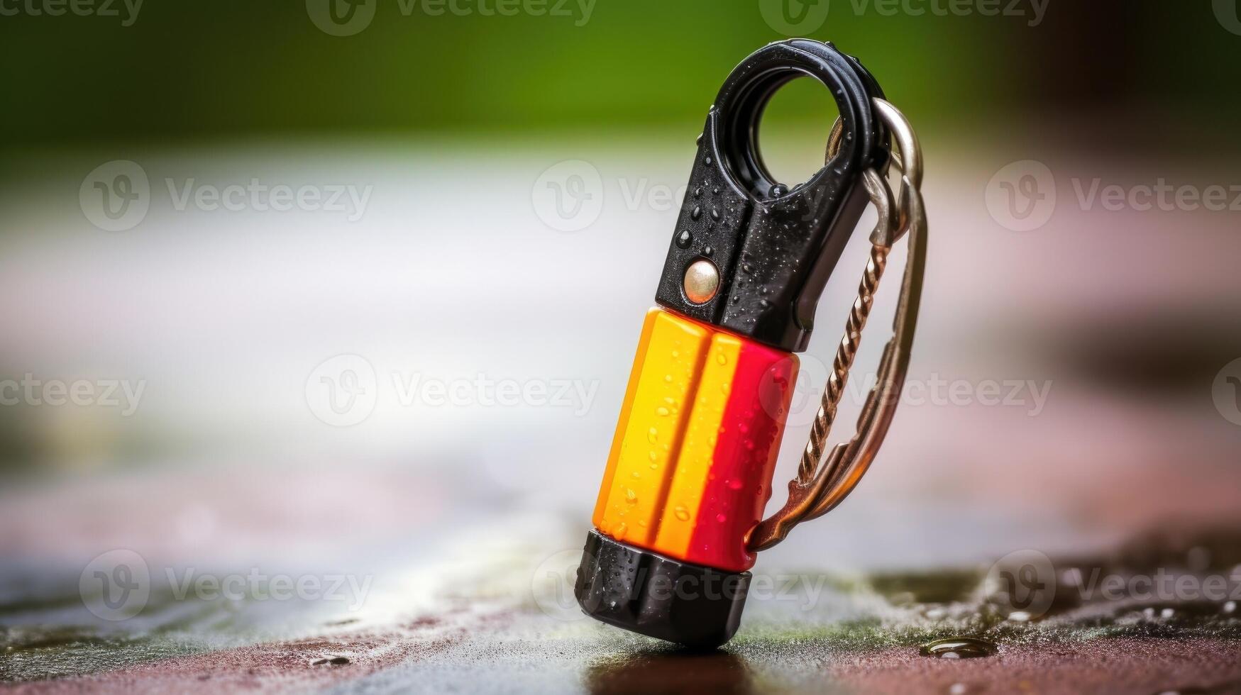 Closeup of a compact pepper spray keychain designed for teenage selfdefense. photo