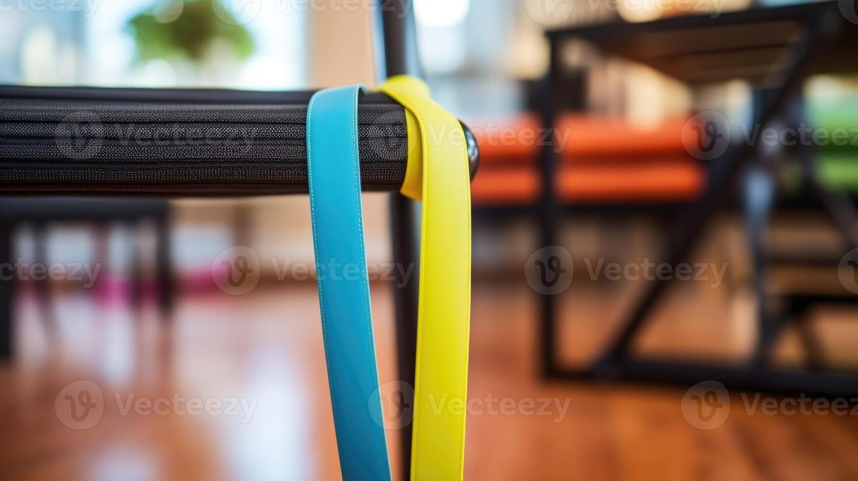 Closeup of a resistance band wrapped around a chair leg in a makeshift workout station photo