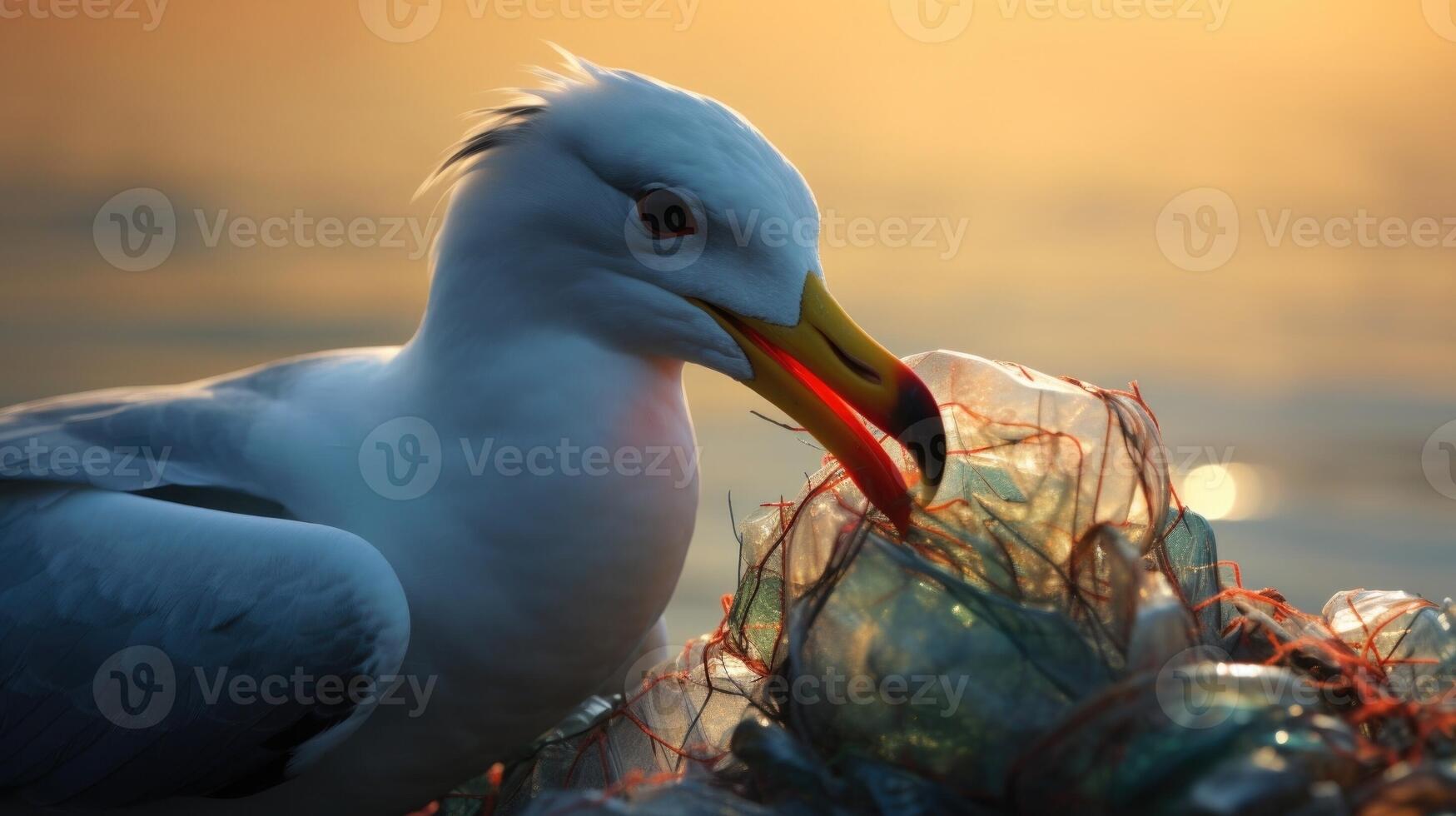 Closeup of a seabird tangled in fishing line and plastic packaging, struggling to break free. photo