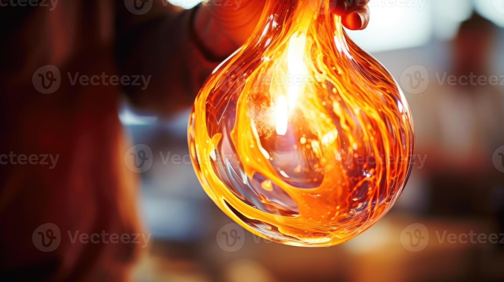 Closeup of a glassblowers breath shaping molten glass into a delicate vase. photo