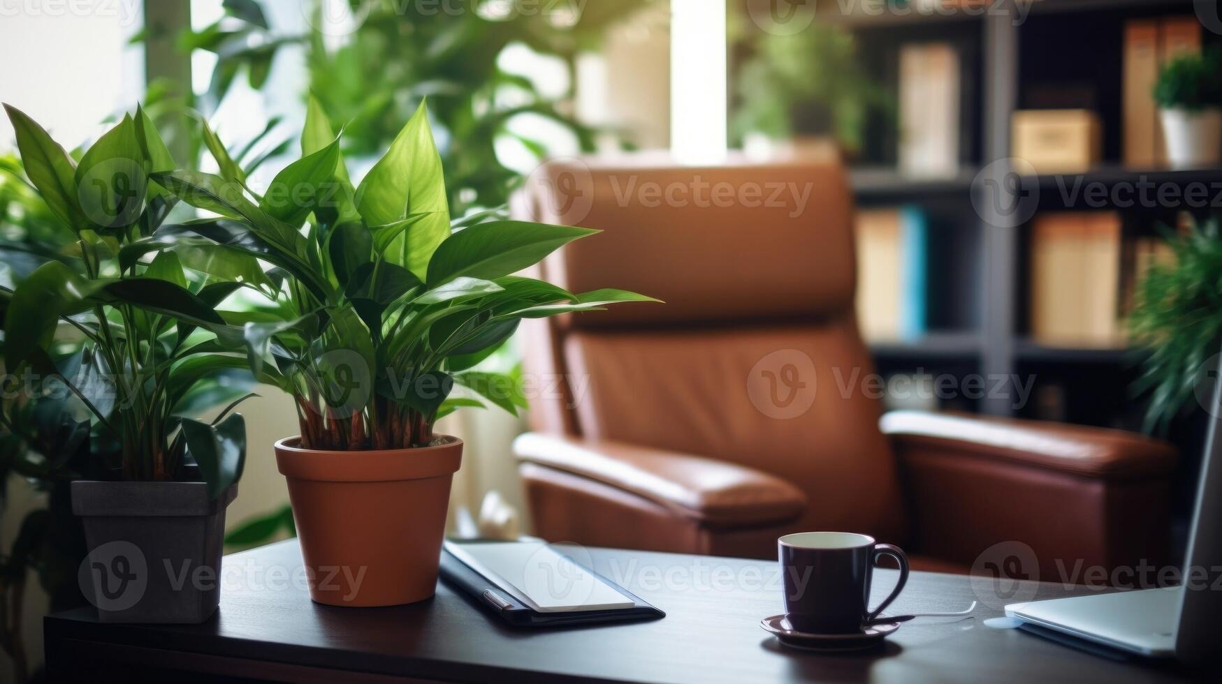 Top view closeup of a neat home office space with a leather chair, organized desk accessories, and a potted plant for a touch of greenery. photo
