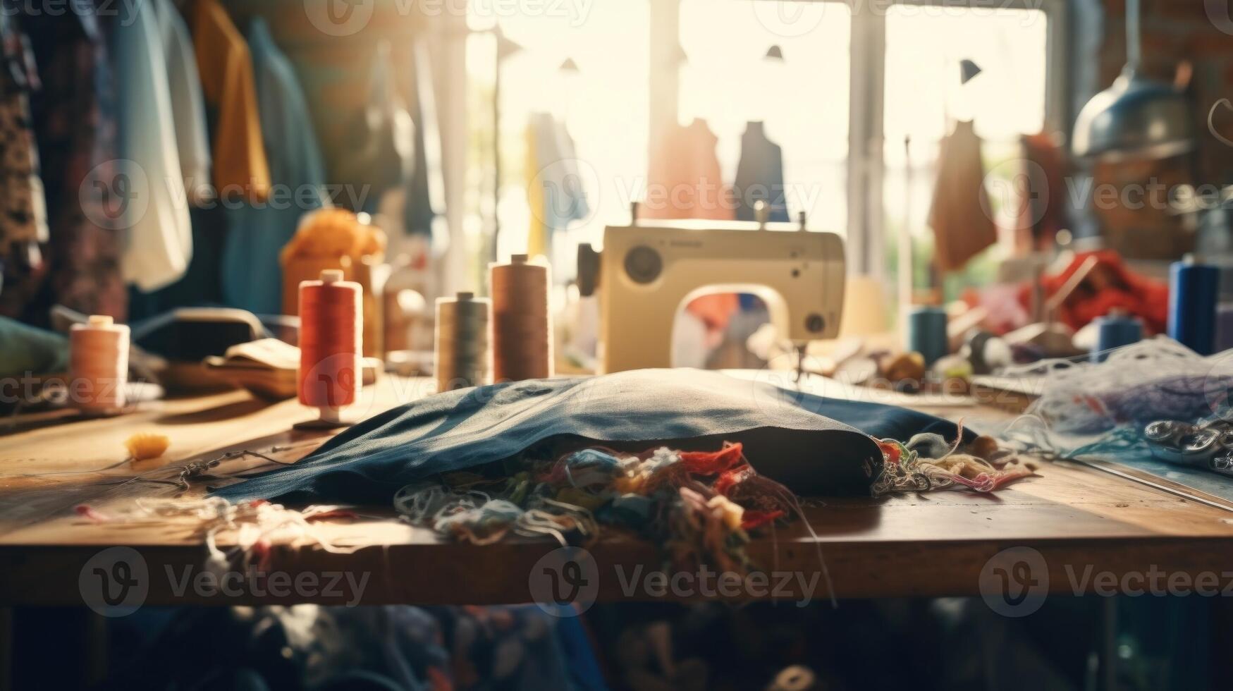 Closeup of a cluttered workbench in a fashion designers studio, covered in scissors, threads, and fabric remnants. photo