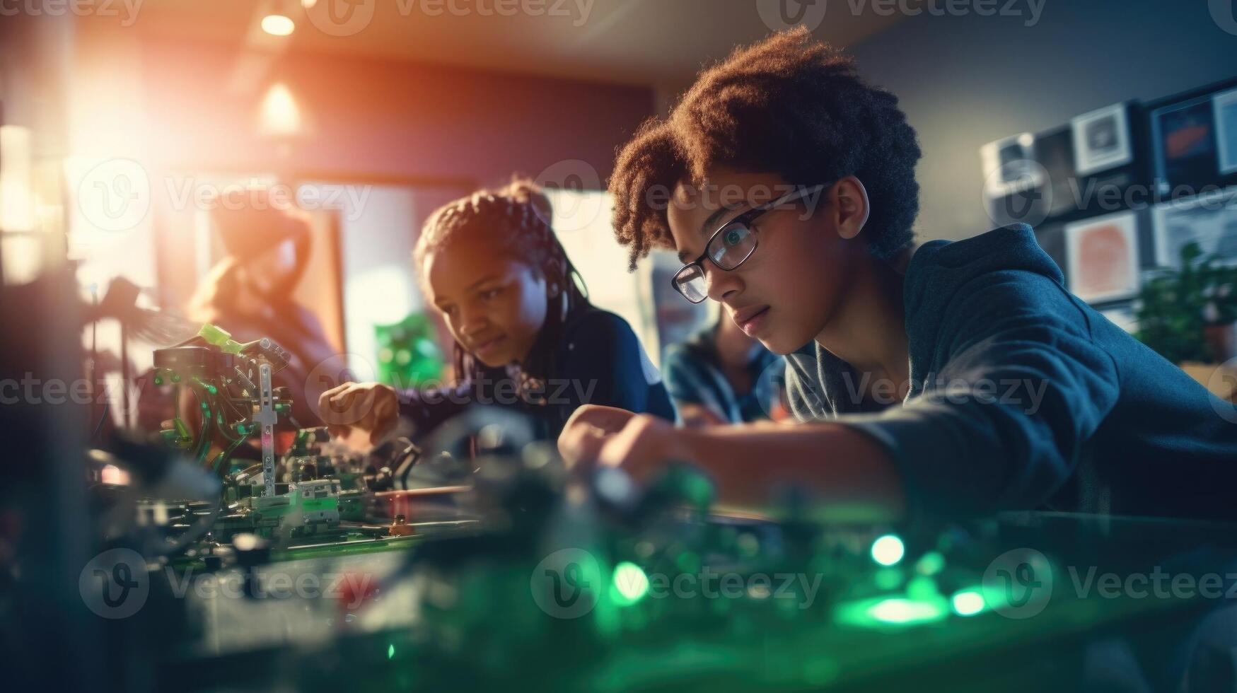 Closeup of a teens determined expression as they troubleshoot a malfunctioning robots programming. photo